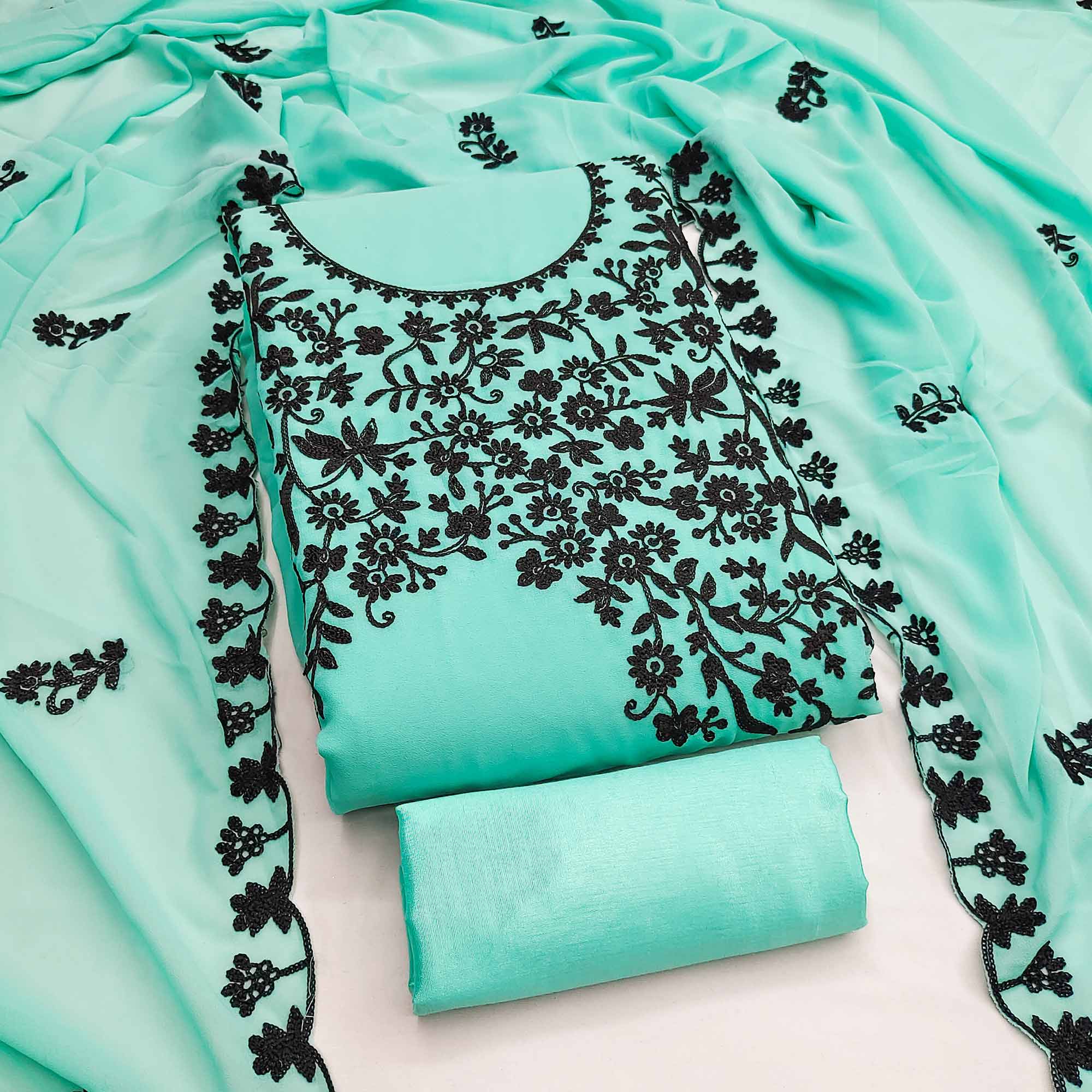 Designer Turquoise Floral Embroidered Georgette Material for Stylish Dresses and Outfits