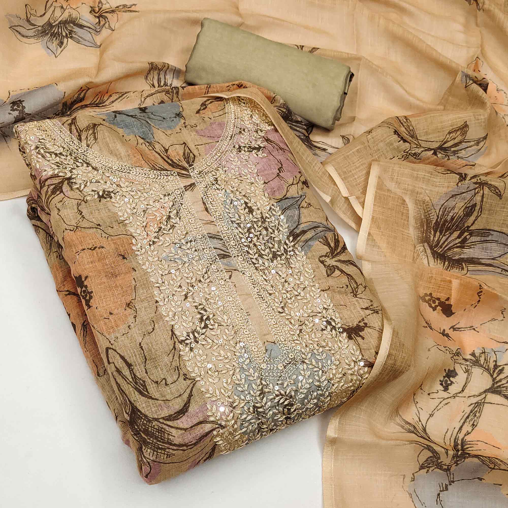 Chikoo Floral Digital Printed Cotton Blend Dress Material With Sparkling Sequins Embroidery