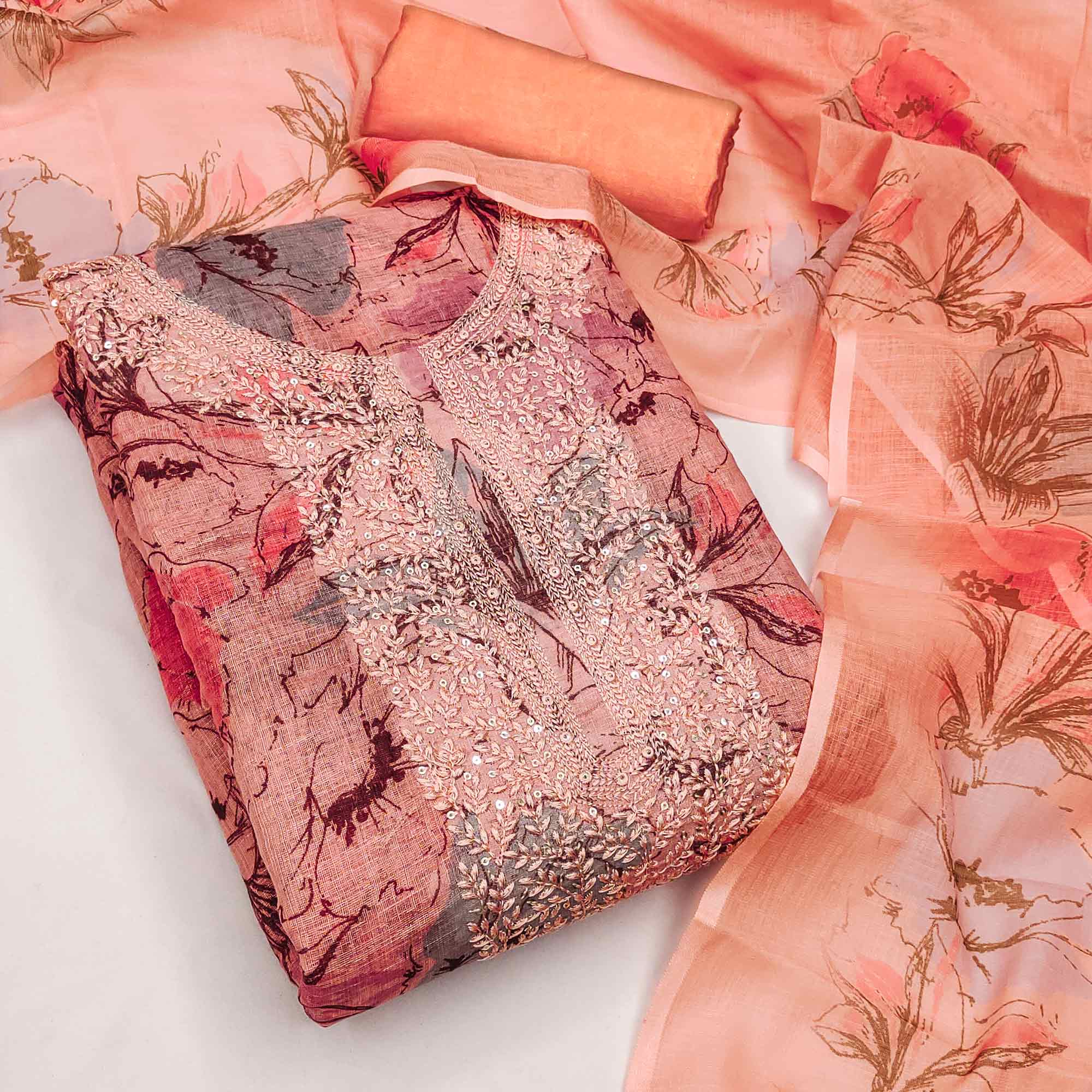 Peach Floral Digital Printed Cotton Blend Dress Material With Sparkling Sequins Embroidery