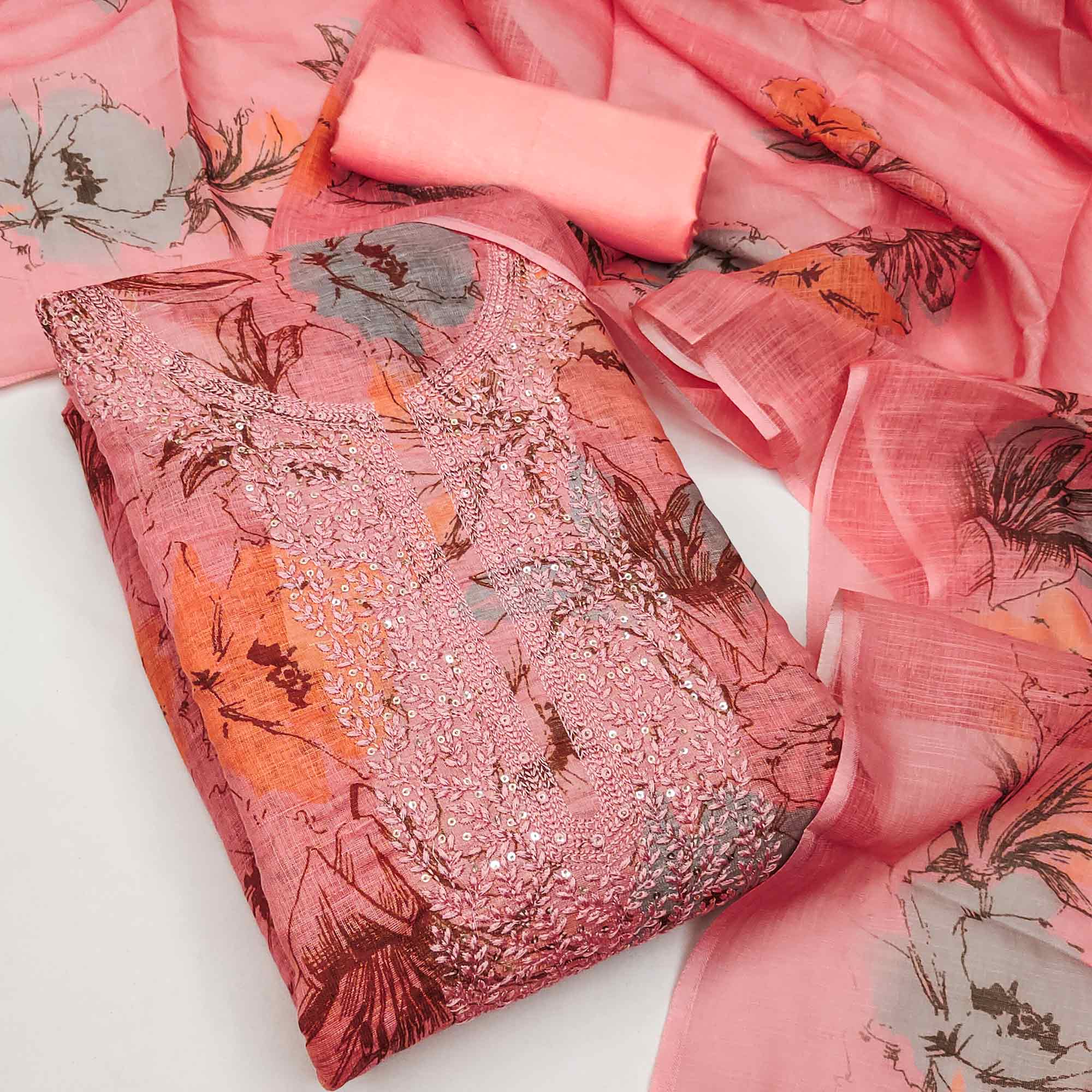 Pink Floral Digital Printed Cotton Blend Dress Material With Sparkling Sequins Embroidery