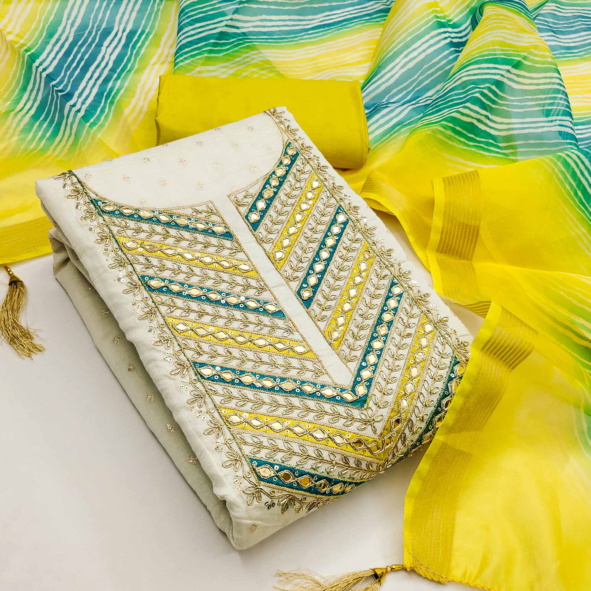 Offwhite & Lemon Green Butti Weaving Chanderi Silk Dress Material Enhanced With Cording Embroidery