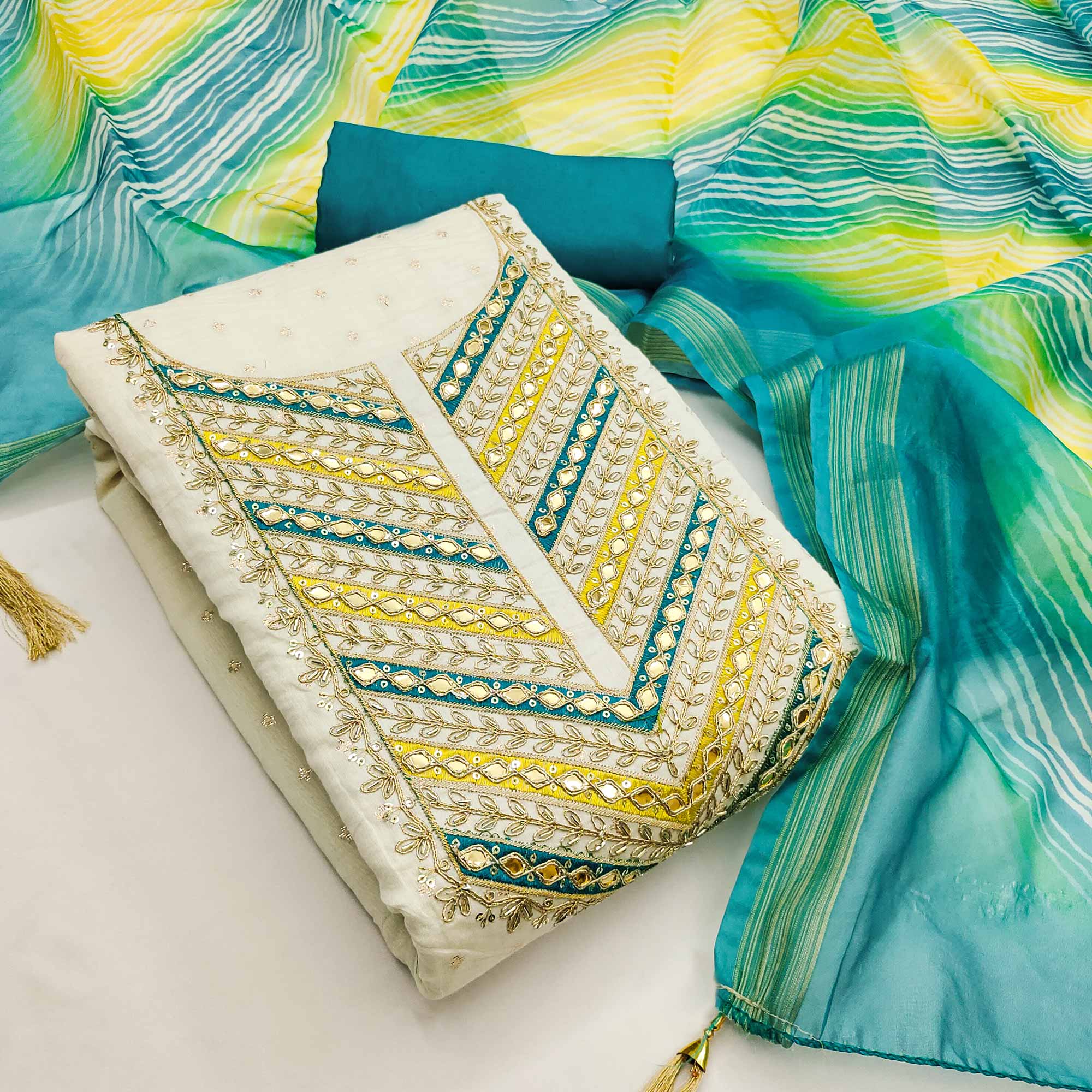 Offwhite & Turquoise Butti Weaving Chanderi Silk Dress Material Enhanced With Cording Embroidery