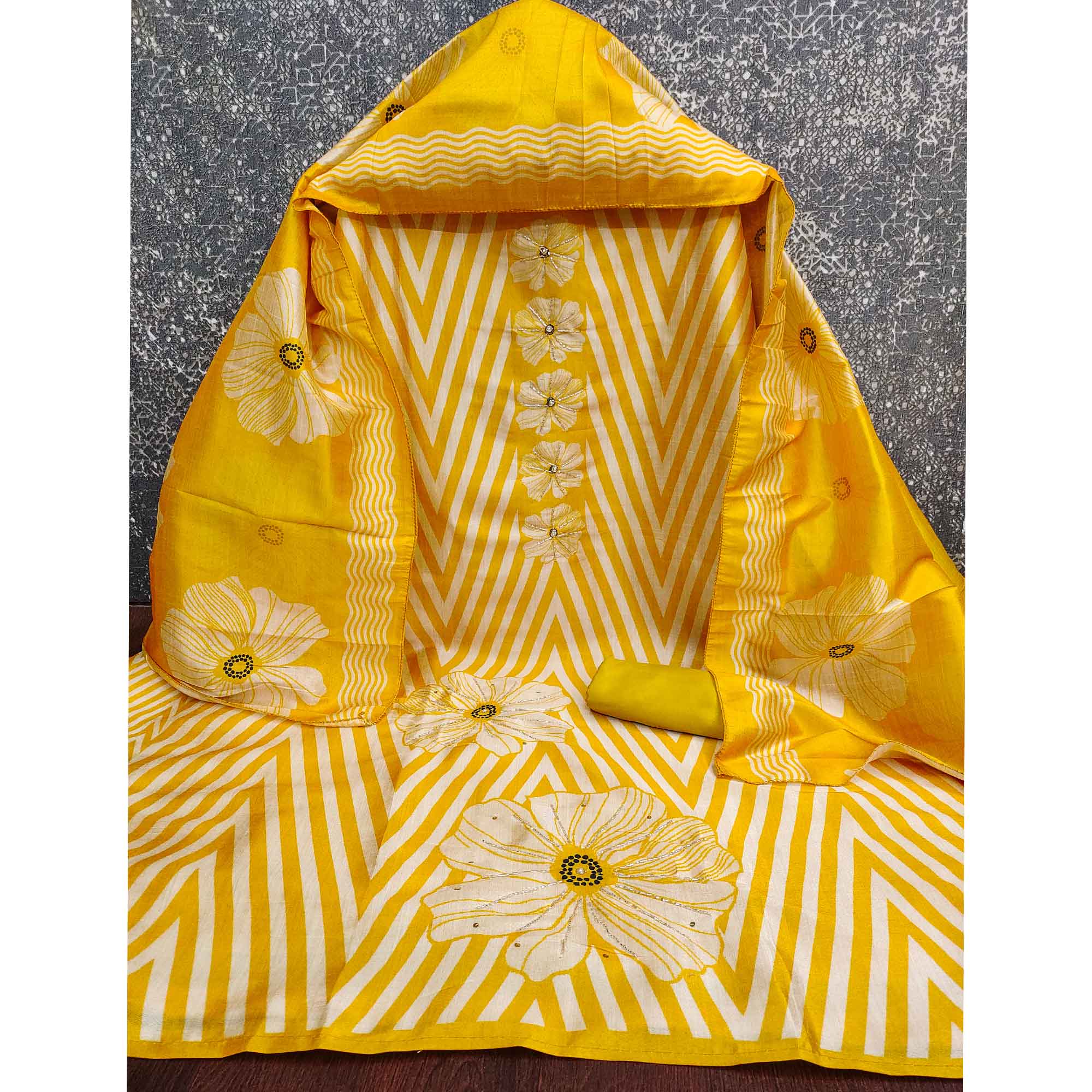 Yellow Floral Digital Printed Assam Art Silk Dress Material Adorned With Beads & Sequins Work