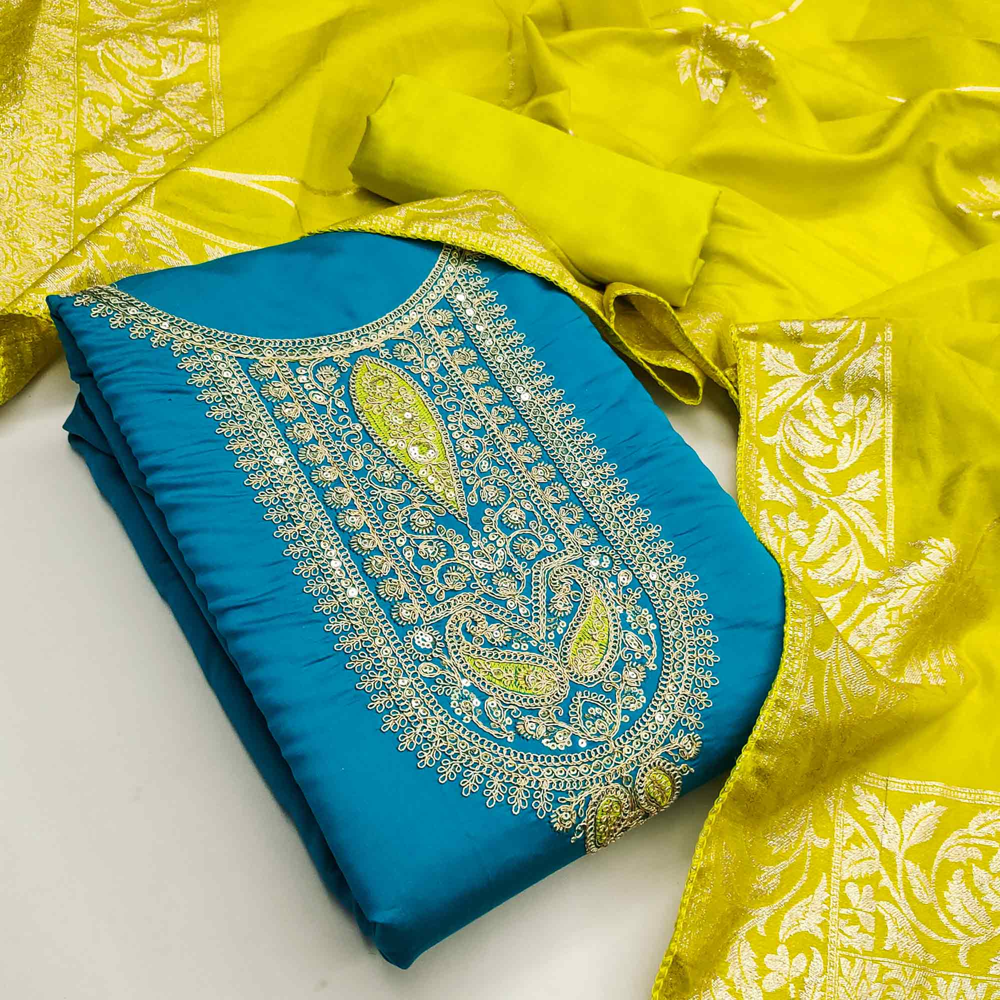 Graceful Blue Silk Blend Dress Material Featuring Floral Cording Embroidery With Sequins Detailing