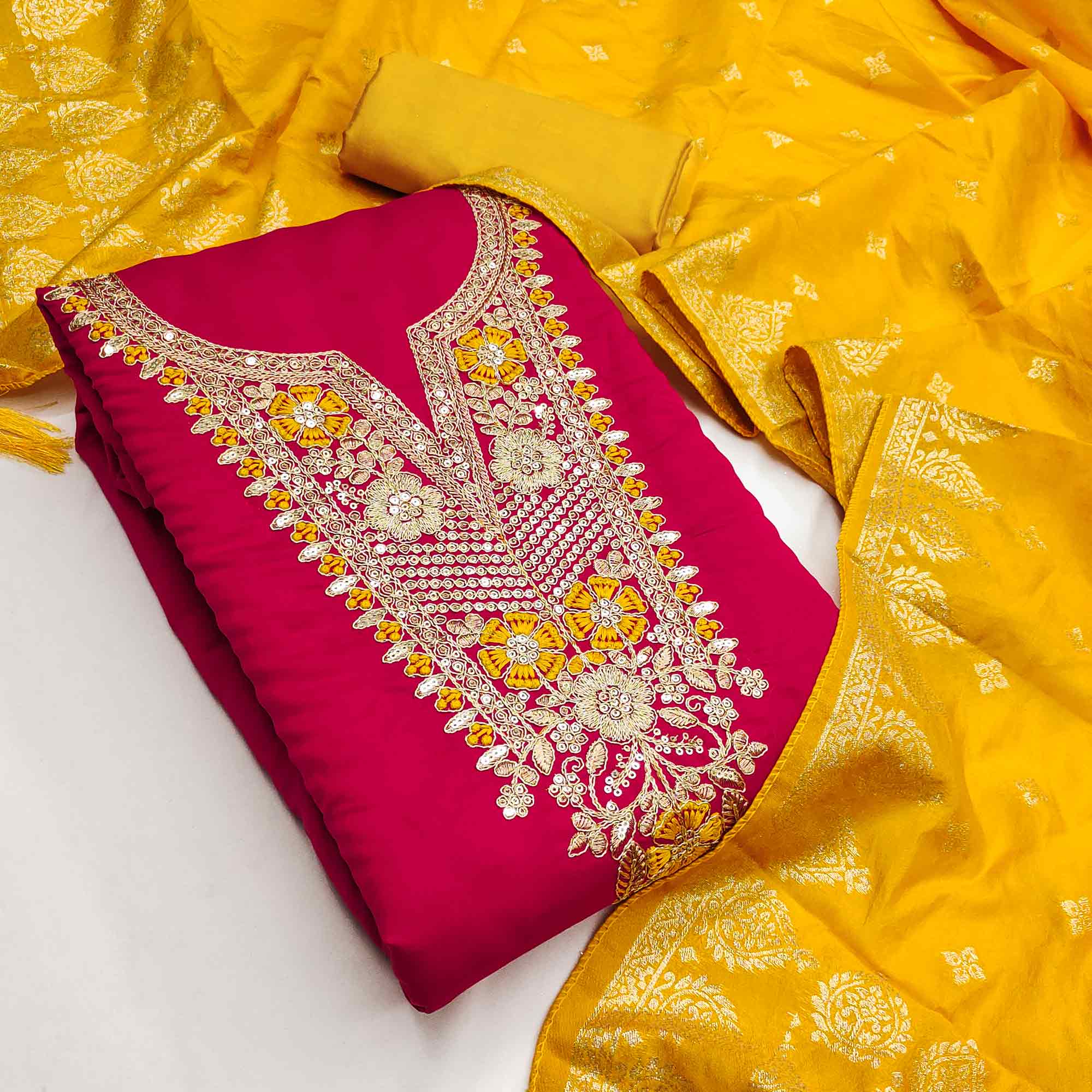 Graceful Pink Silk Blend Dress Material Featuring Floral Cording Embroidery With Sequins Detailing