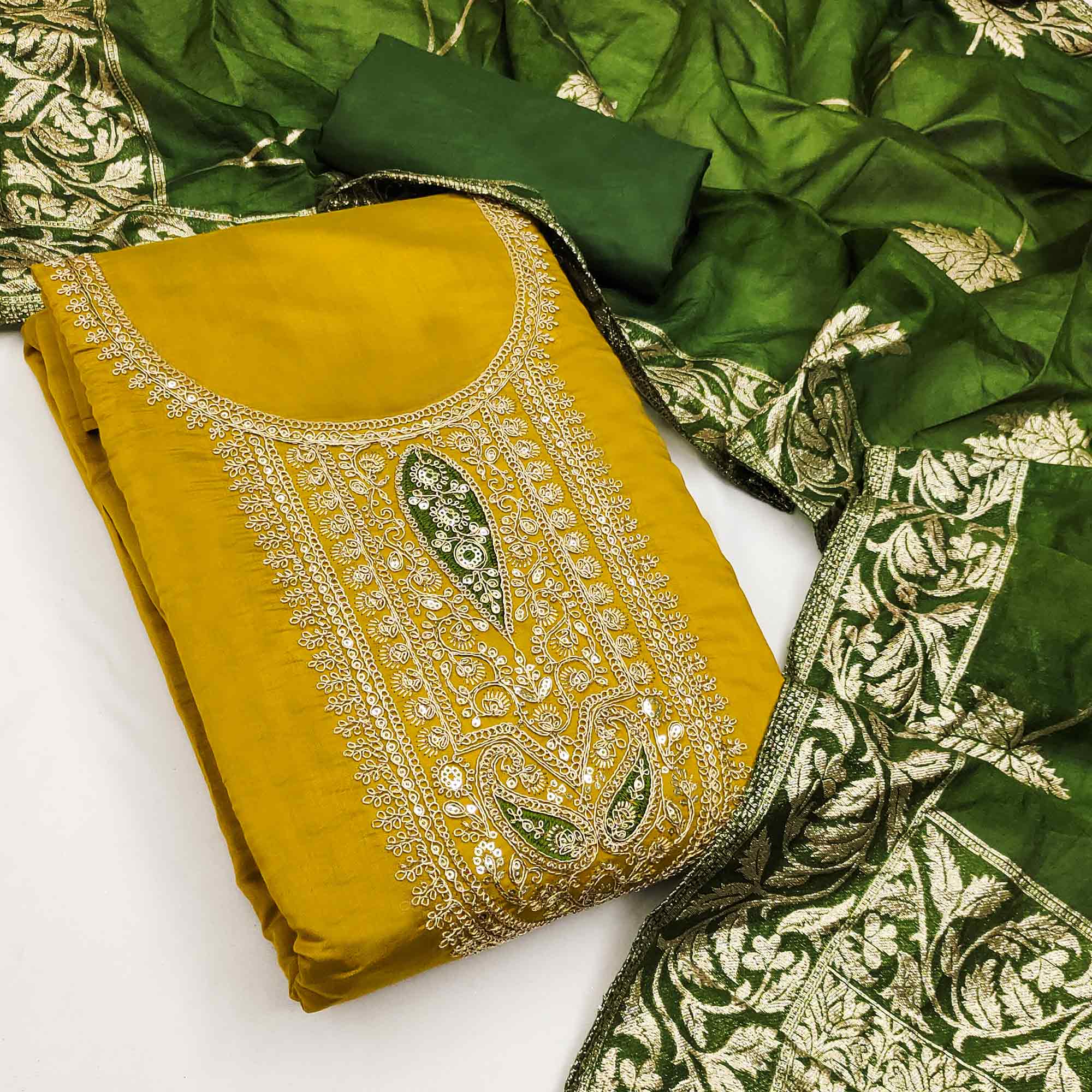 Stylish Mustad Floral Cording Embroidered Silk Blend Dress Material Accented With Sequins Work