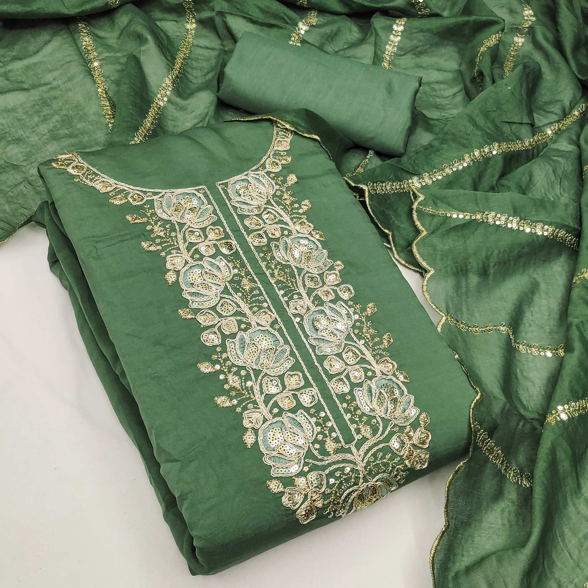 Classic Green Floral Cording Embroidered Silk Blend Dress Material With Glittering Sequins Work