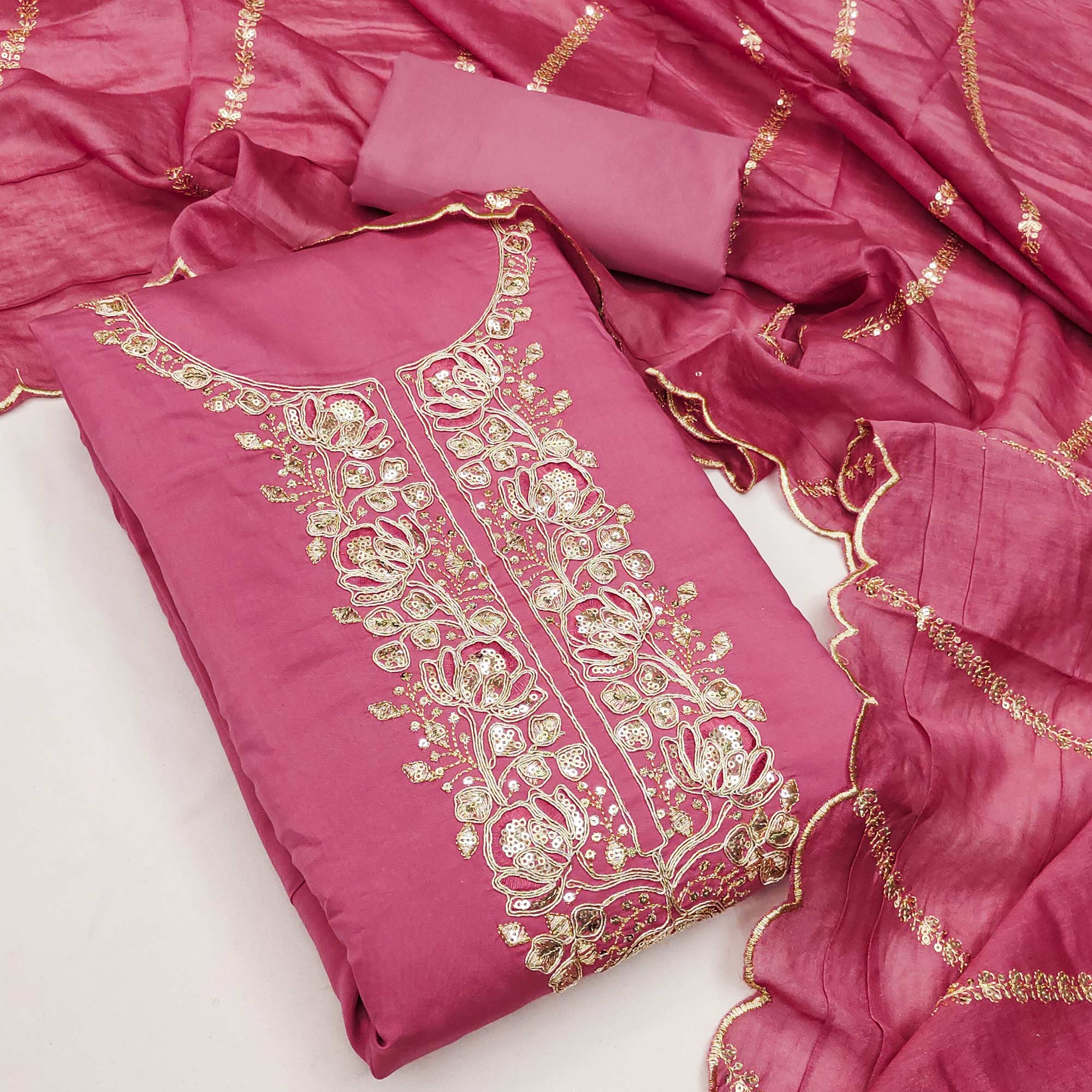 Classic Pink Floral Cording Embroidered Silk Blend Dress Material With Glittering Sequins Work