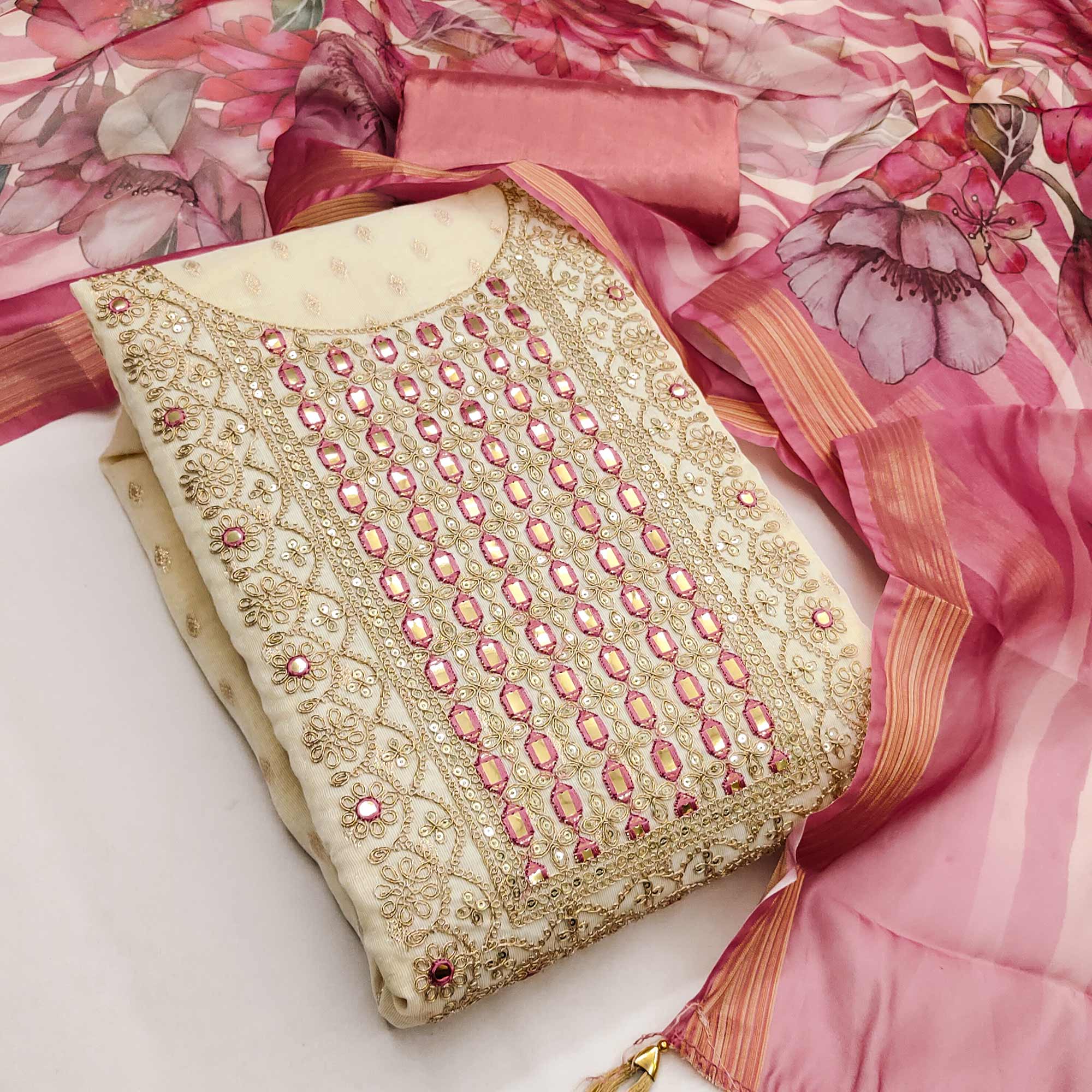 Cream & Peach Shimmer Dress Material Featuring Butti Weaving With Sequins Cording Embroidery