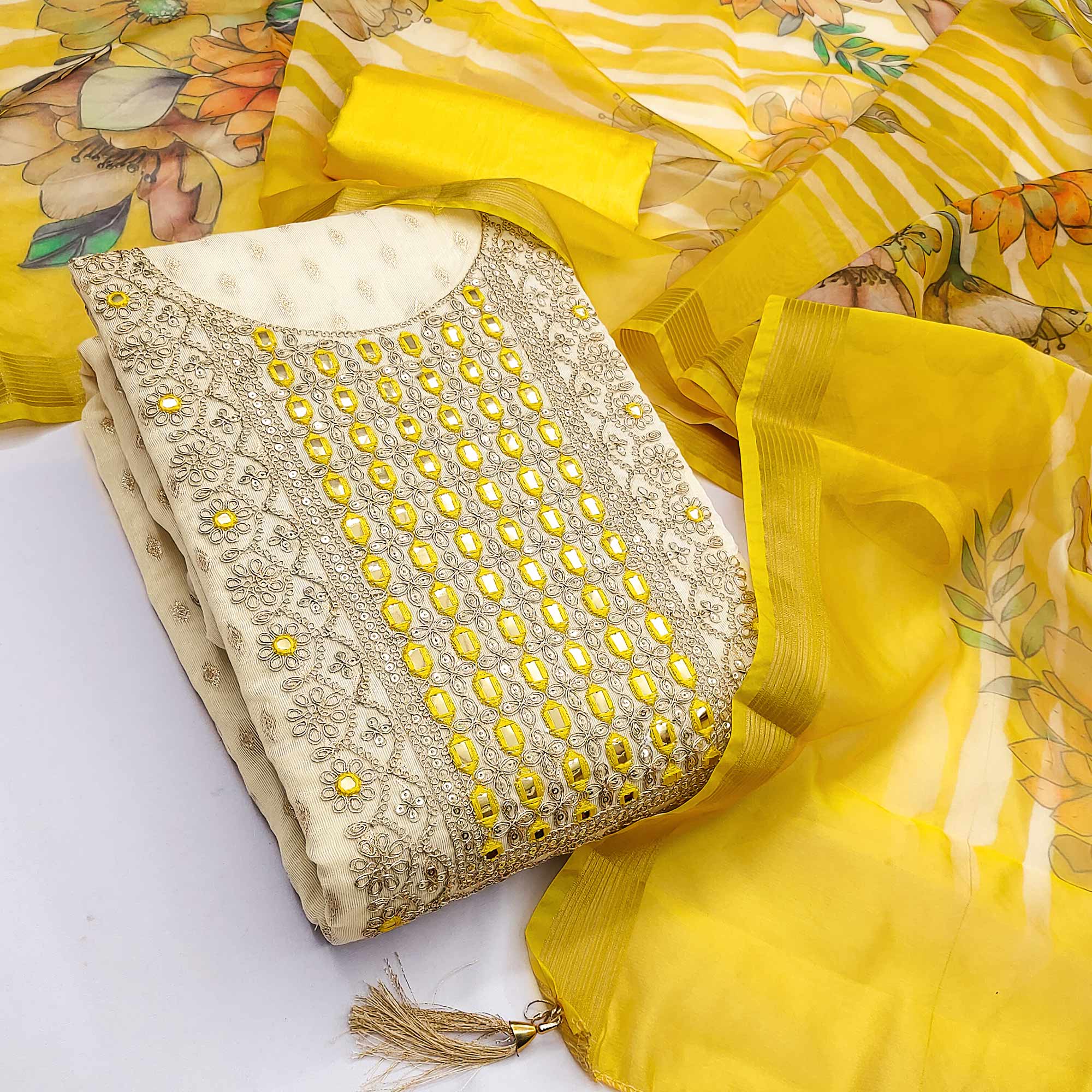 Cream & Yellow Shimmer Dress Material Featuring Butti Weaving With Sequins Cording Embroidery