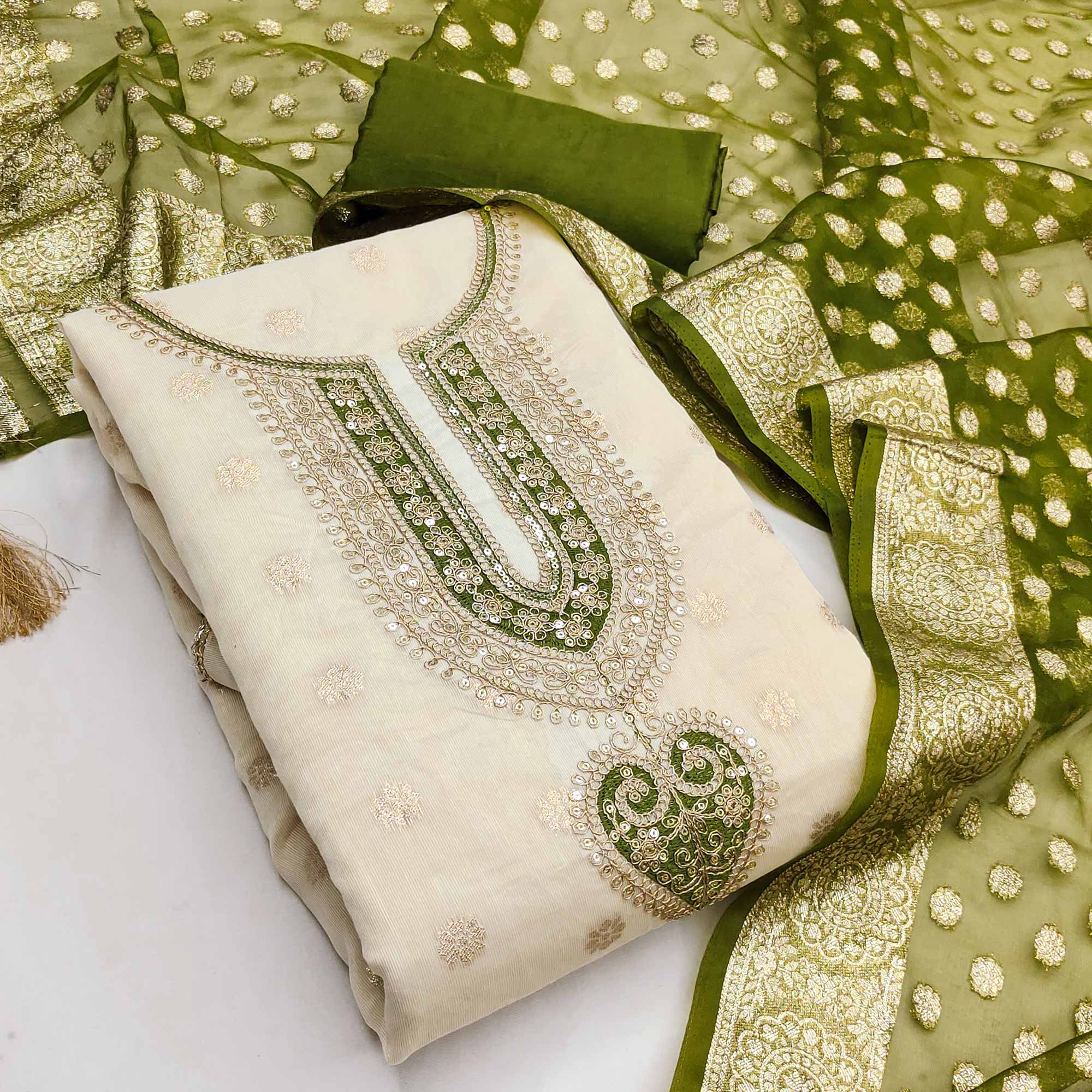 Graceful Cream & Mehendi Butti Weaving Shimmer Dress Material Adorned With Cording Embroidery Work