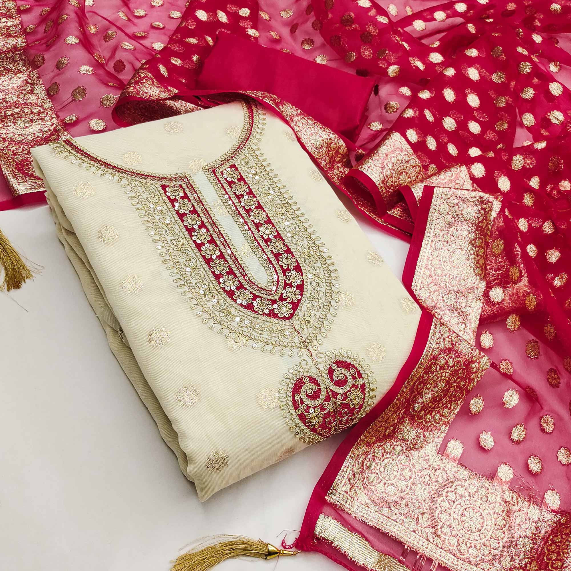 Graceful Cream & Red Butti Weaving Shimmer Dress Material Adorned With Cording Embroidery Work