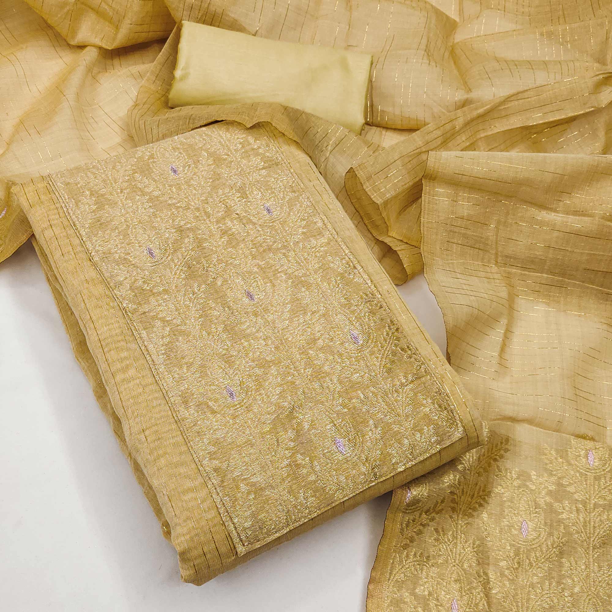 Premium Mustard Floral Weaving Crafted Cotton Silk Jacquard Dress Material