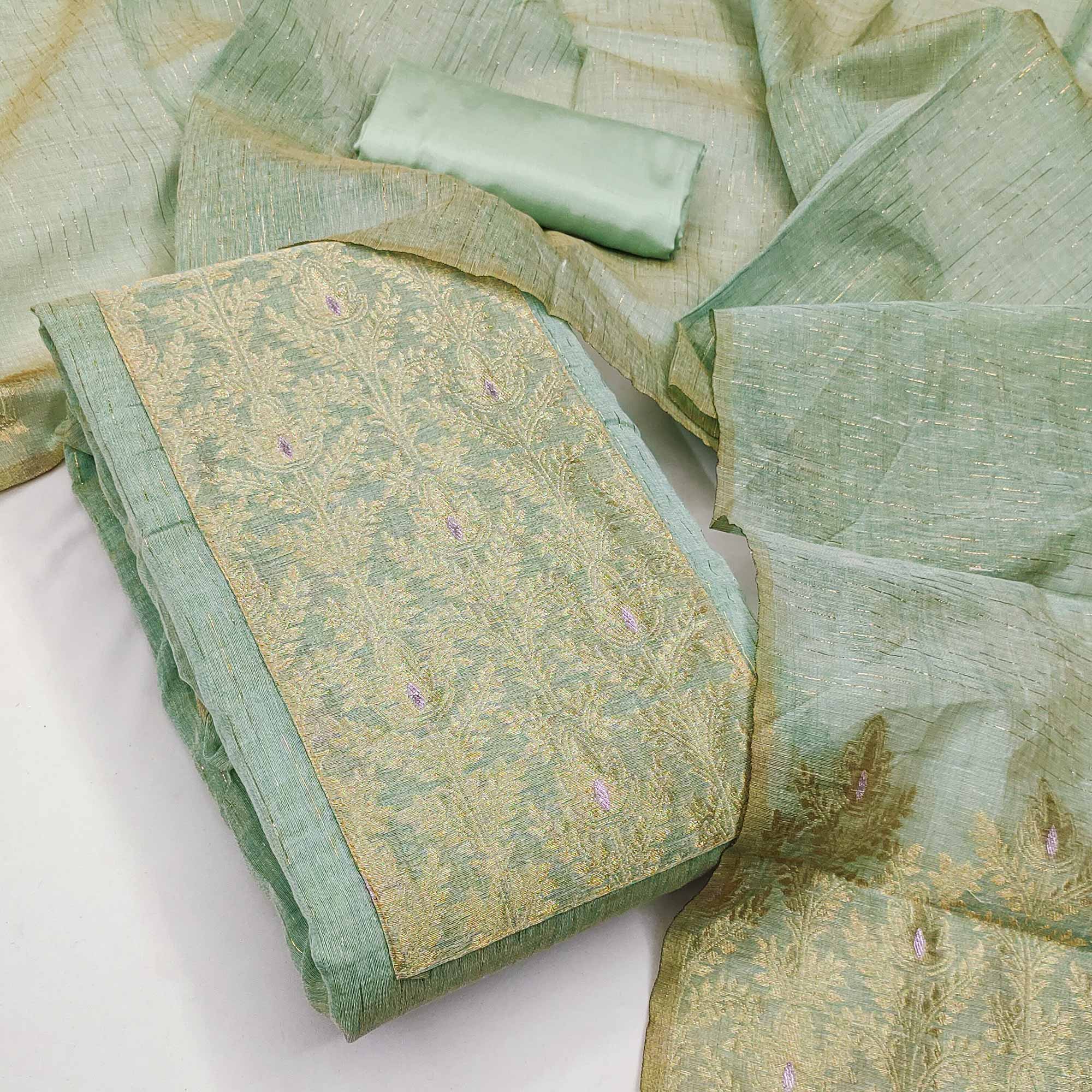 Premium Sea Green Floral Weaving Crafted Cotton Silk Jacquard Dress Material