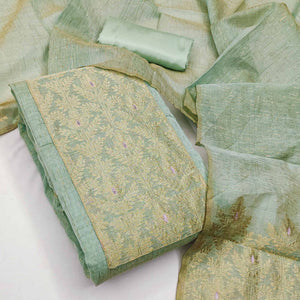 Premium Sea Green Floral Weaving Crafted Cotton Silk Jacquard Dress Material