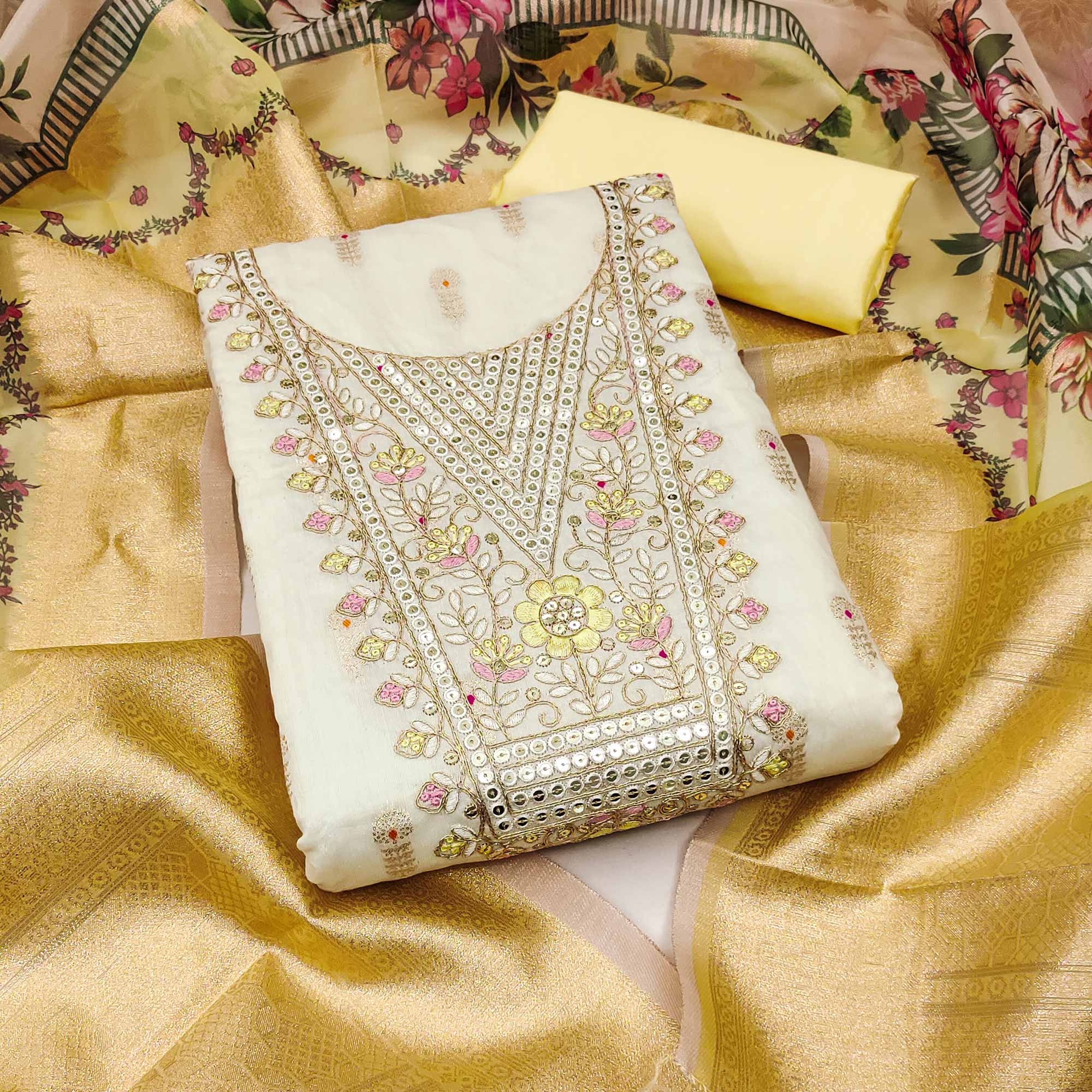 Offwhite & Yellow Floral Woven With Sequins Cording Embroidery Meenakari Jacquard Dress Material