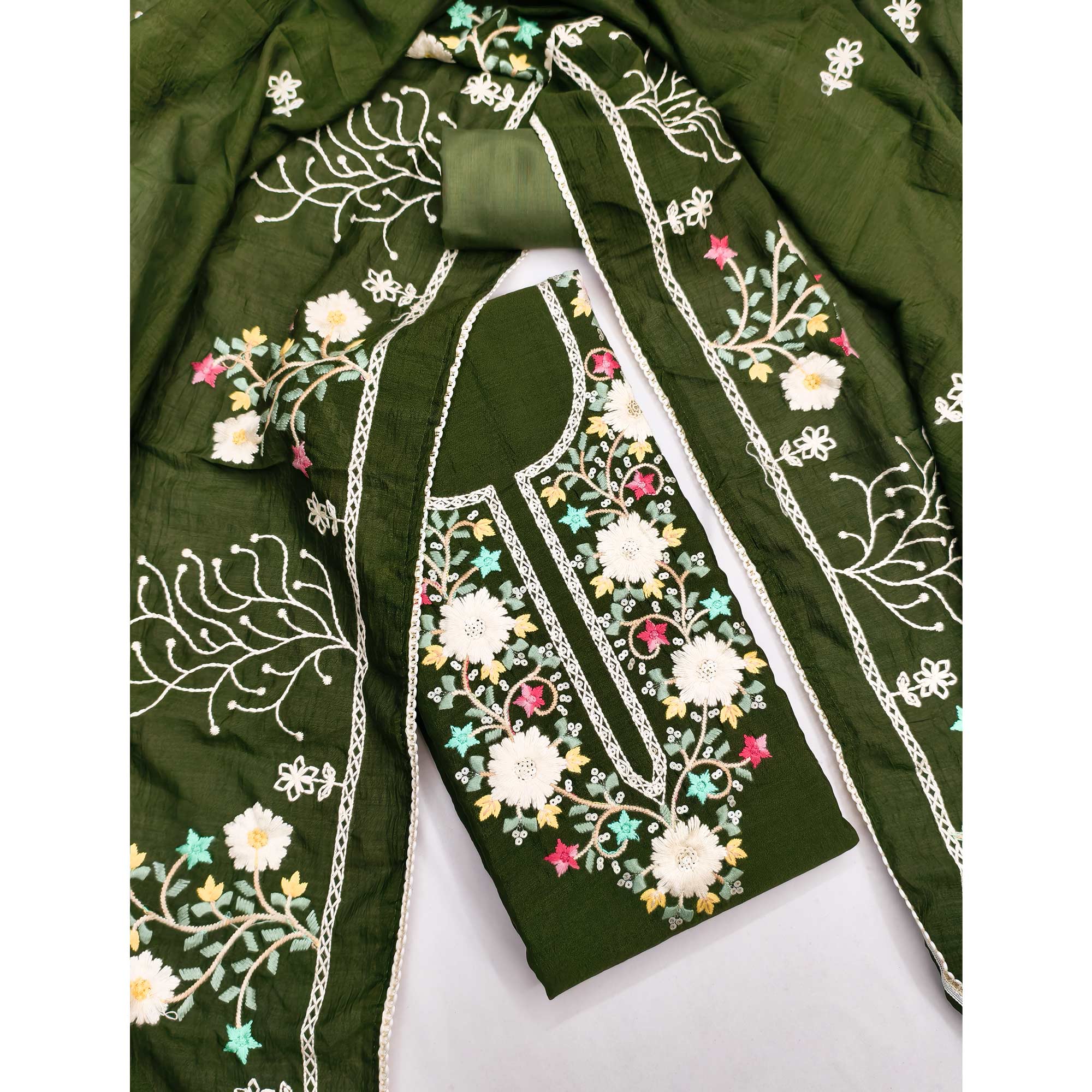 Stylish Mehendi Green Floral Thread & Sequins Detailed Embroidery Vichitra Silk Dress Material
