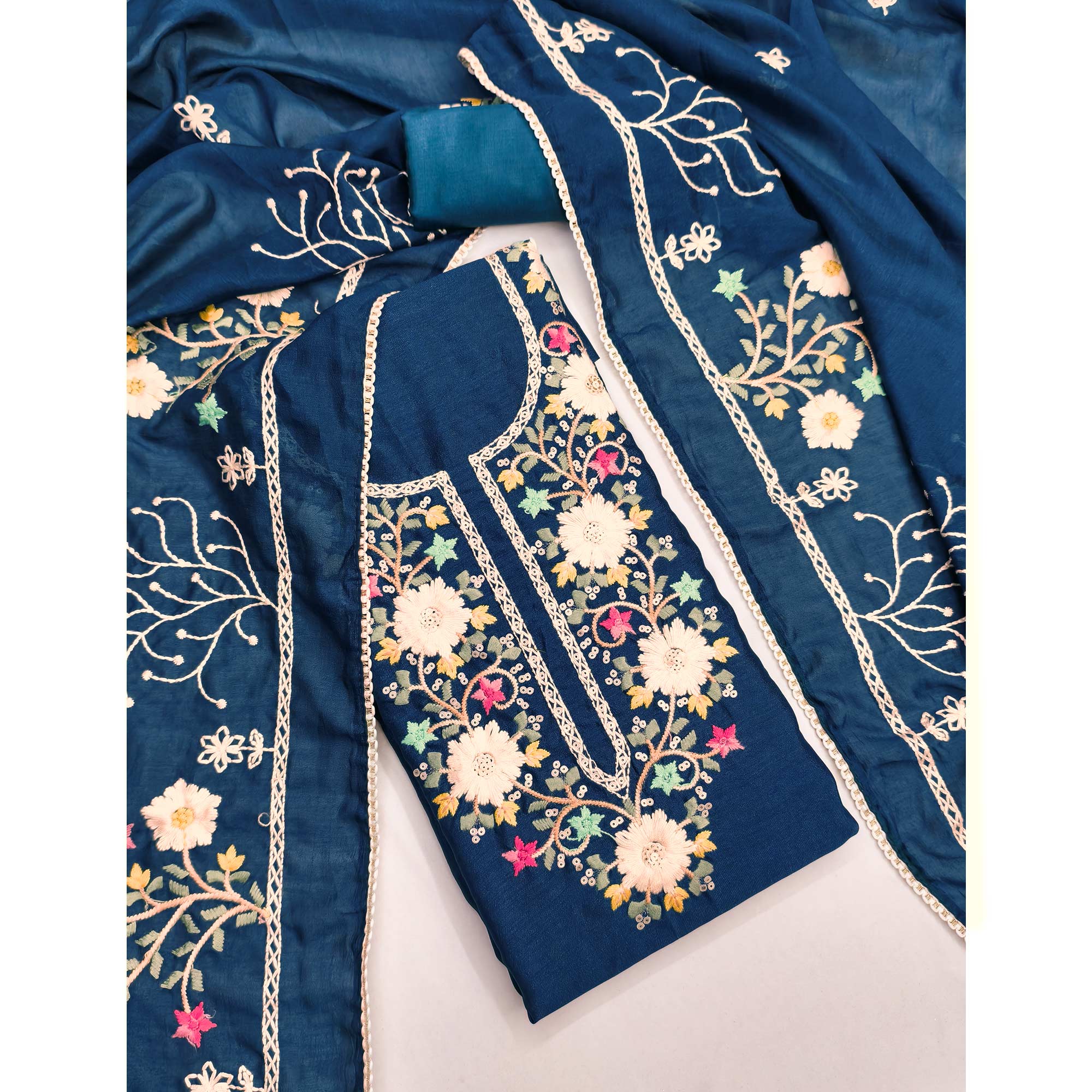 Stylish Morpich Blue Floral Thread & Sequins Detailed Embroidery Vichitra Silk Dress Material