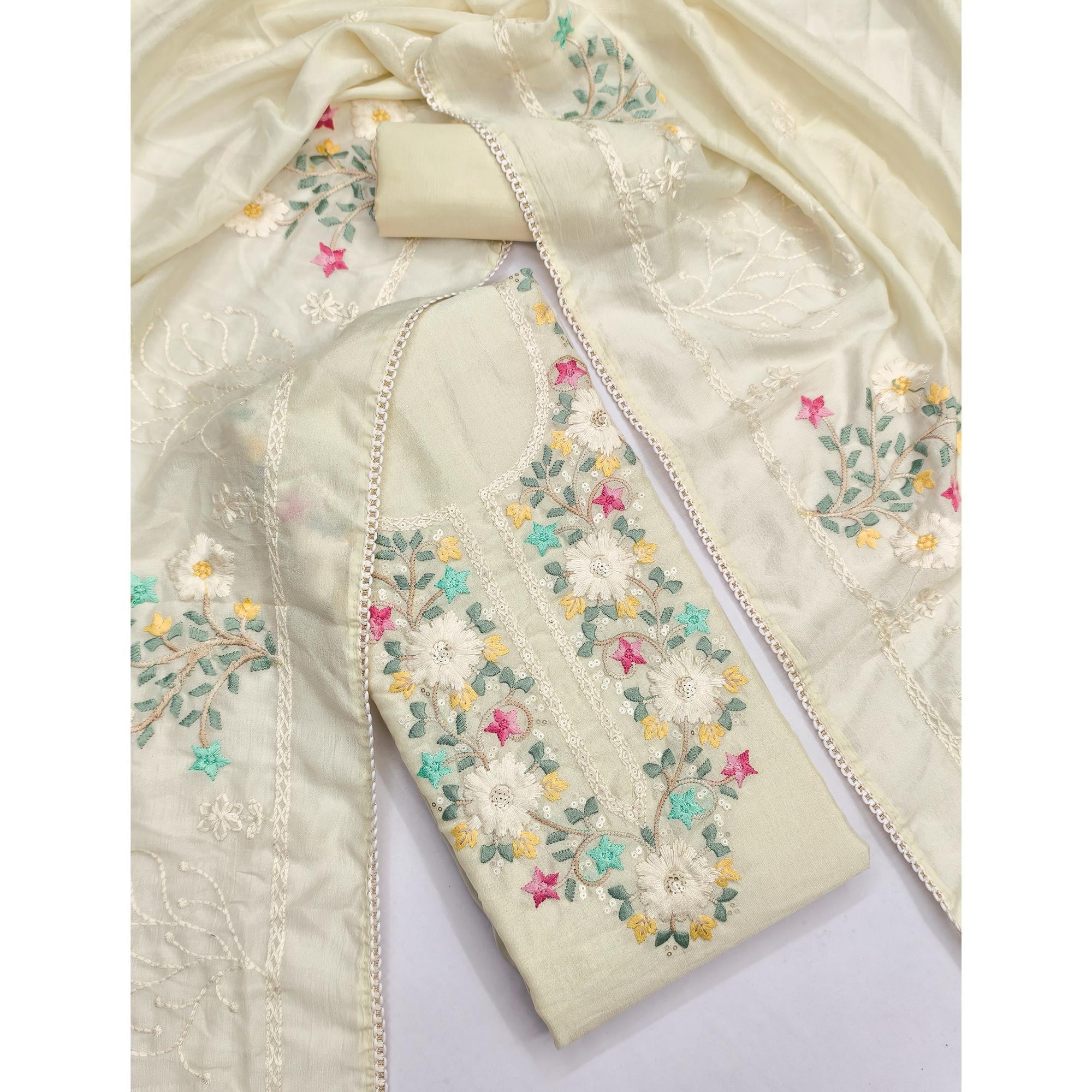 Stylish Offwhite Floral Thread & Sequins Detailed Embroidery Vichitra Silk Dress Material