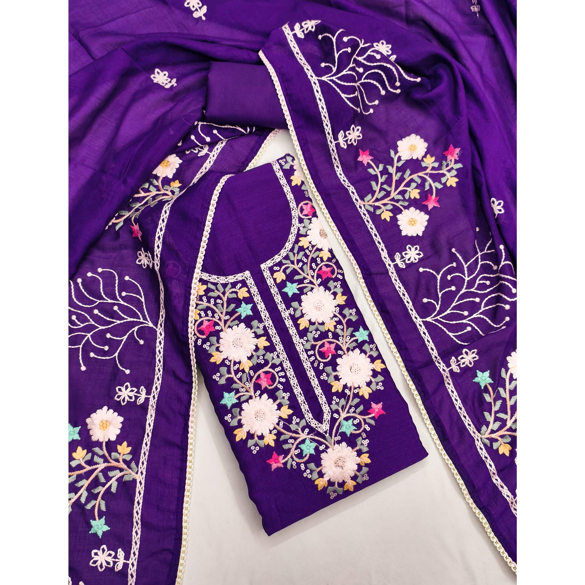 Stylish Purple Floral Thread & Sequins Detailed Embroidery Vichitra Silk Dress Material