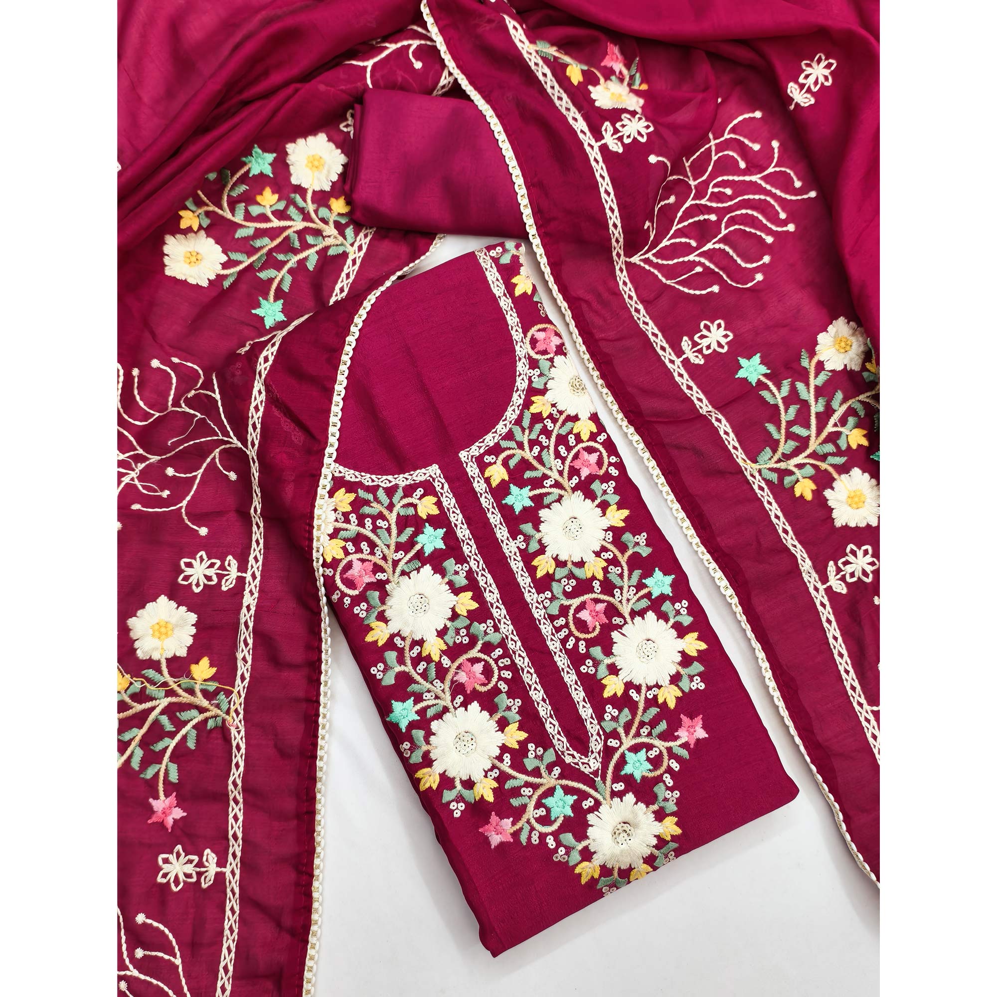 Stylish Rani Pink Floral Thread & Sequins Detailed Embroidery Vichitra Silk Dress Material