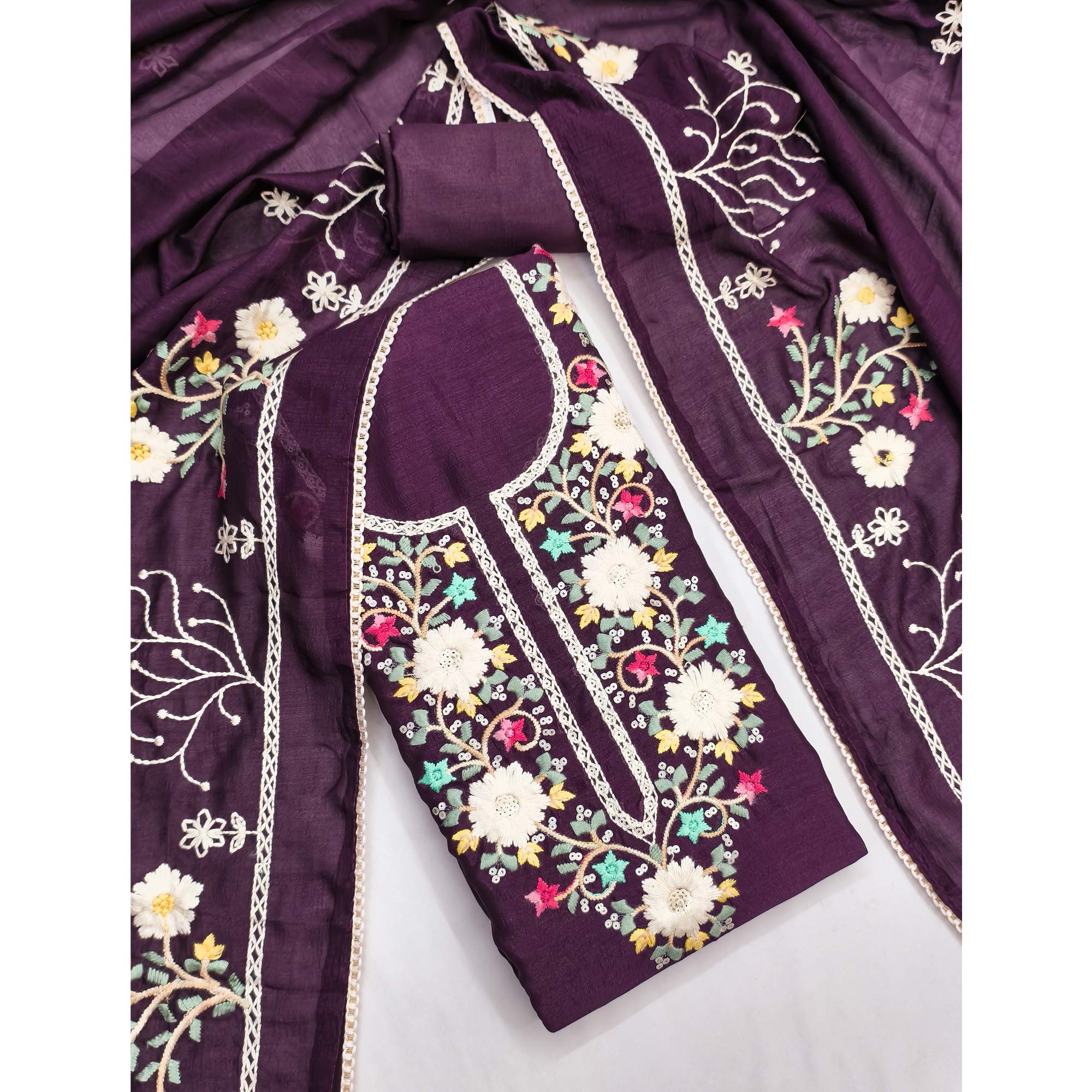 Stylish Wine Floral Thread & Sequins Detailed Embroidery Vichitra Silk Dress Material