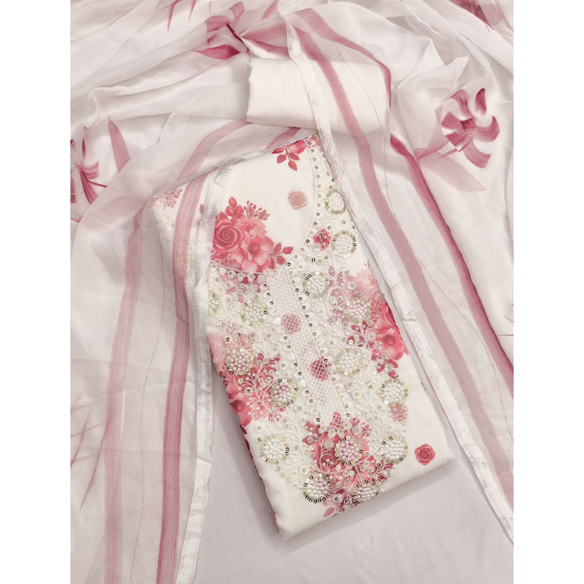 White & Peach Floral Sequins Embroidered Georgette Dress Material With Artistic Digital Prints