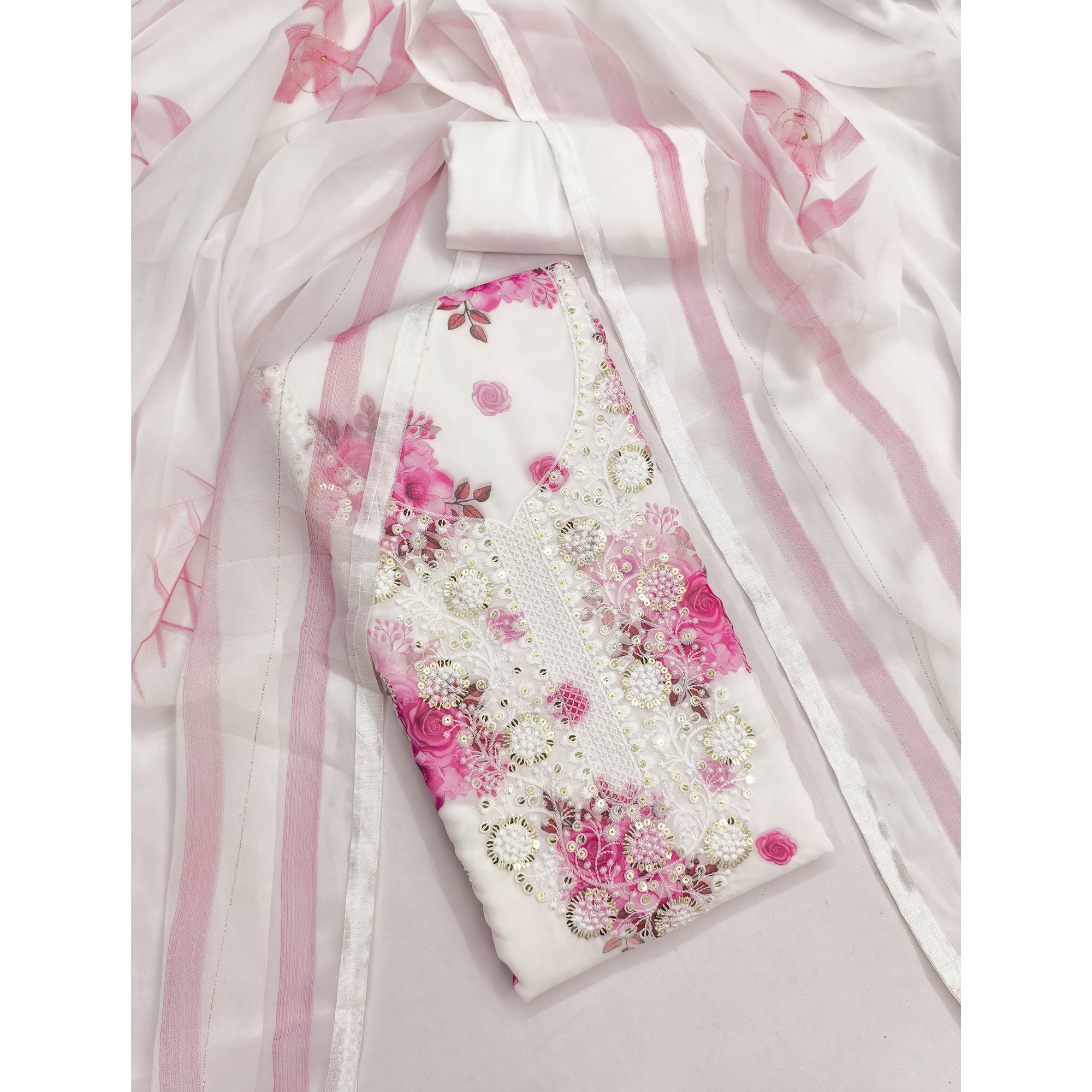 White & Pink Floral Sequins Embroidered Georgette Dress Material With Artistic Digital Prints