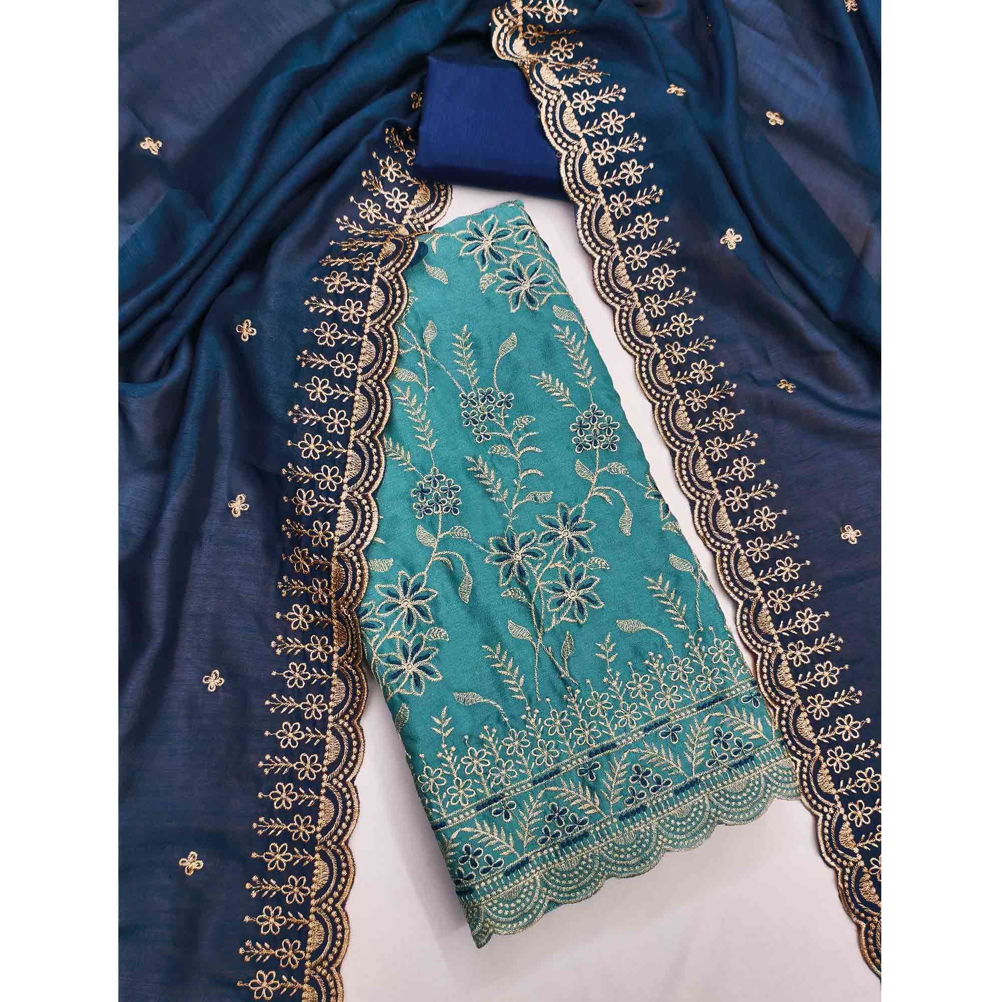 Graceful Blue Vichitra Silk Dress Material Adorned With Intricate Floral Thread Embroidery