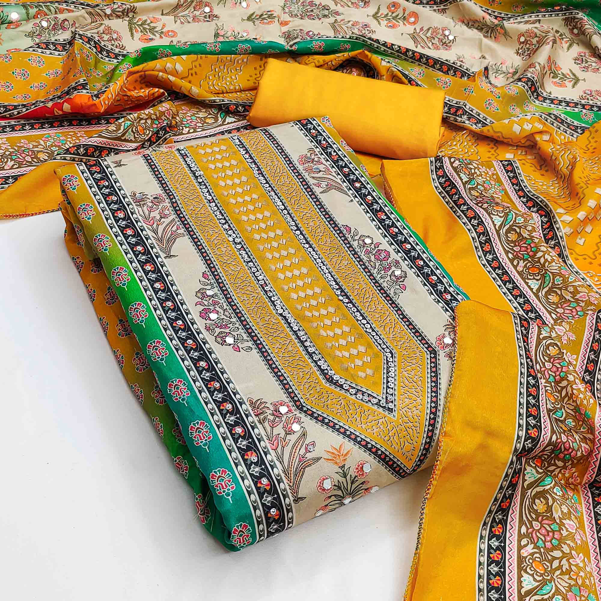 Elegant Mustard Floral Digital Printed Crepe Dress Material With Mirror Work