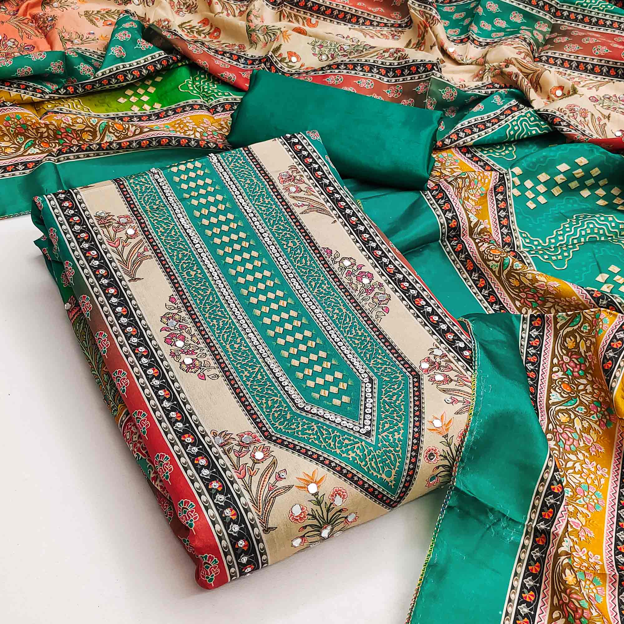 Elegant Rama Green Floral Digital Printed Crepe Dress Material With Mirror Work