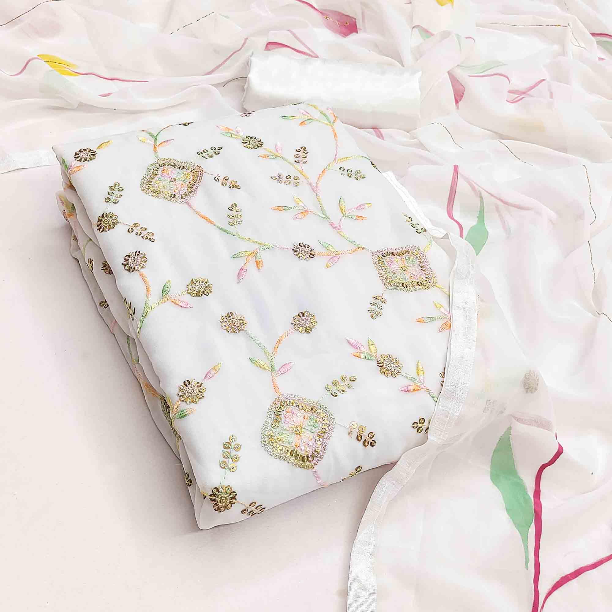 Premium White Floral Embroidery Georgette Dress Material Accented With Sequins Work