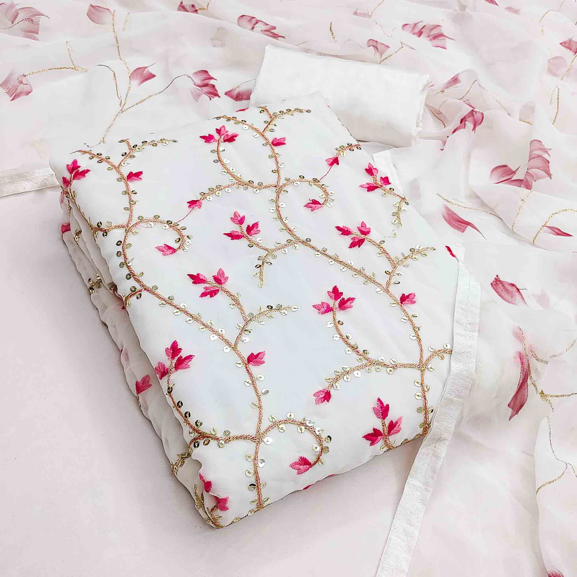 Classic White Georgette Dress Material With Floral Embroidery & Shimmering Sequins Work