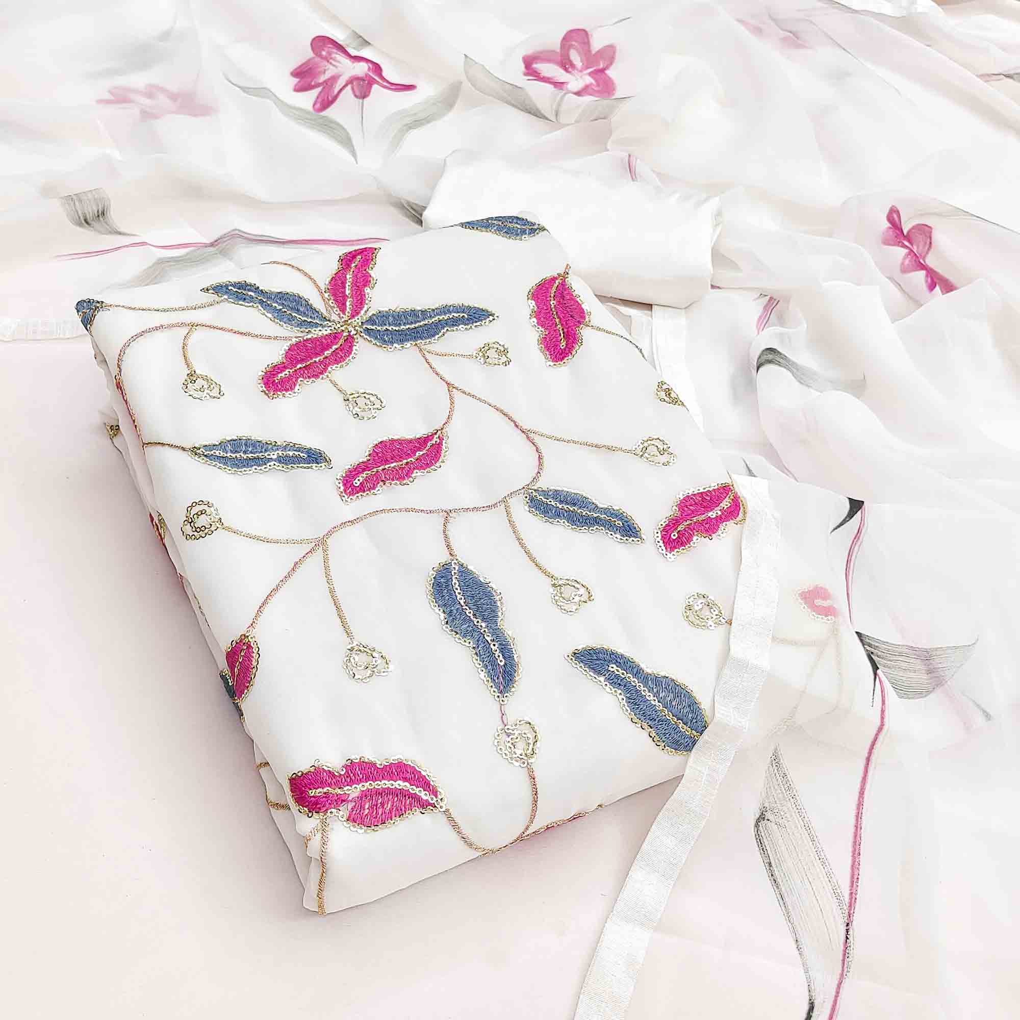 Charming White Floral Embroidery Georgette Dress Material With Sequins Work