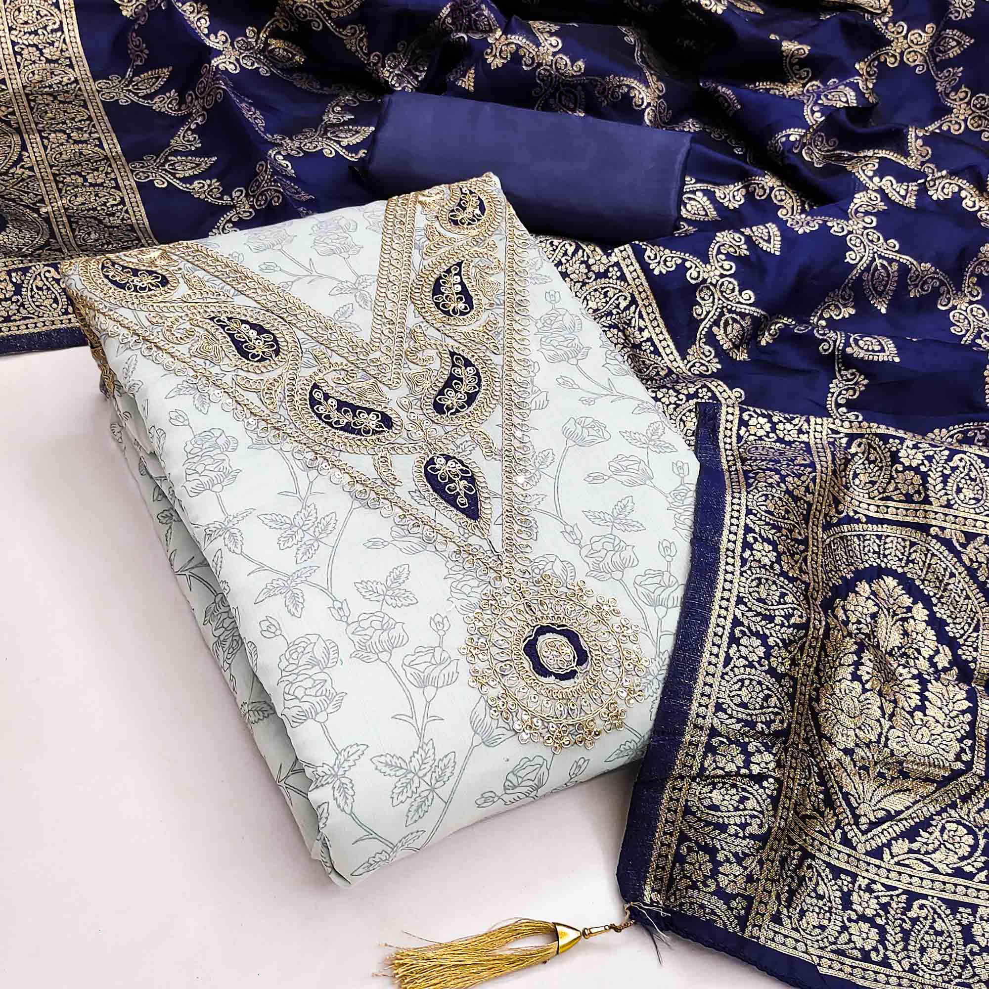 Classic Grey Floral Printed Chanderi Silk Dress Material With Intricate Cording Embroidery