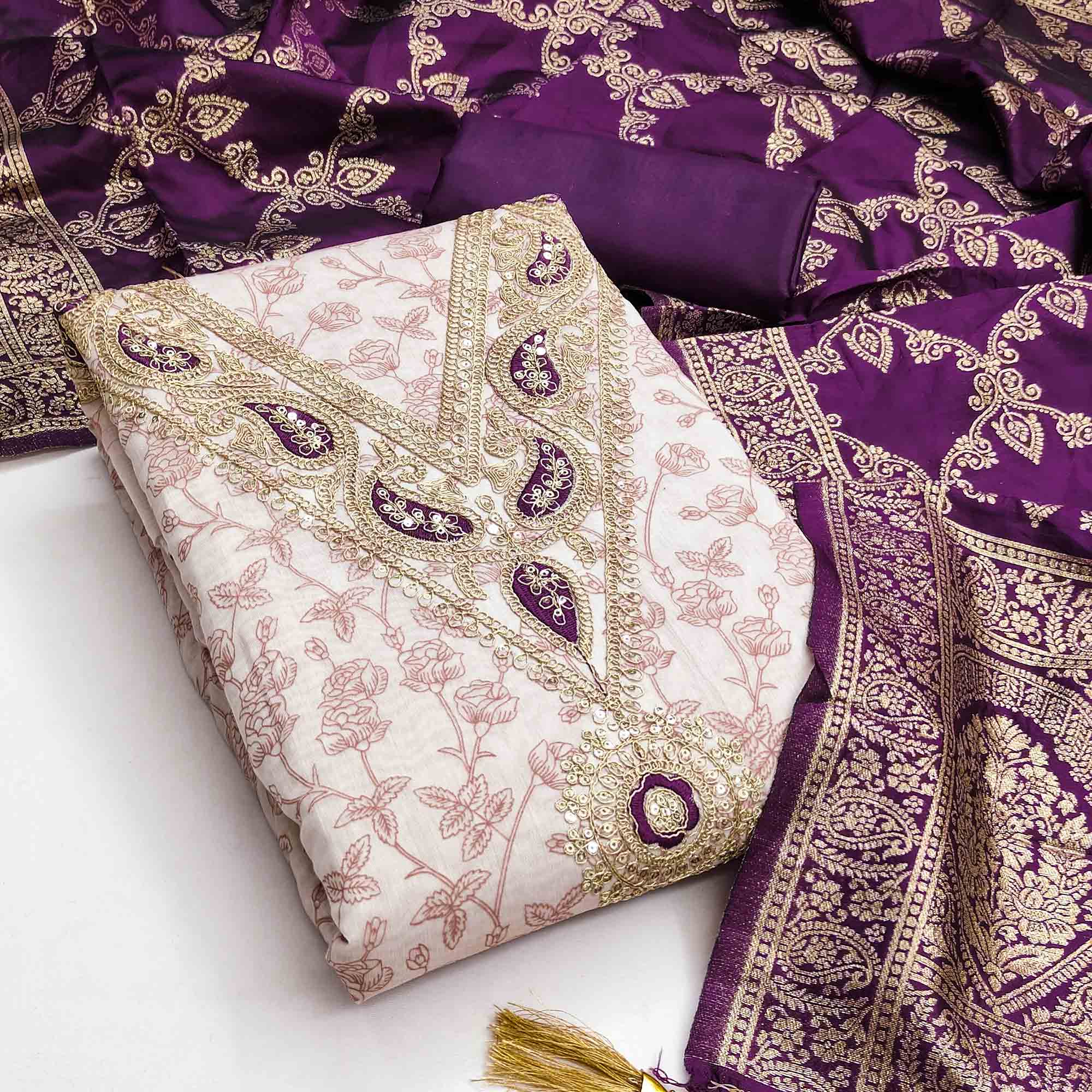 Classic Onion Pink Floral Printed Chanderi Silk Dress Material With Intricate Cording Embroidery