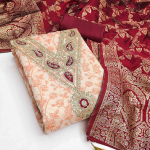 Classic Peach Floral Printed Chanderi Silk Dress Material With Intricate Cording Embroidery