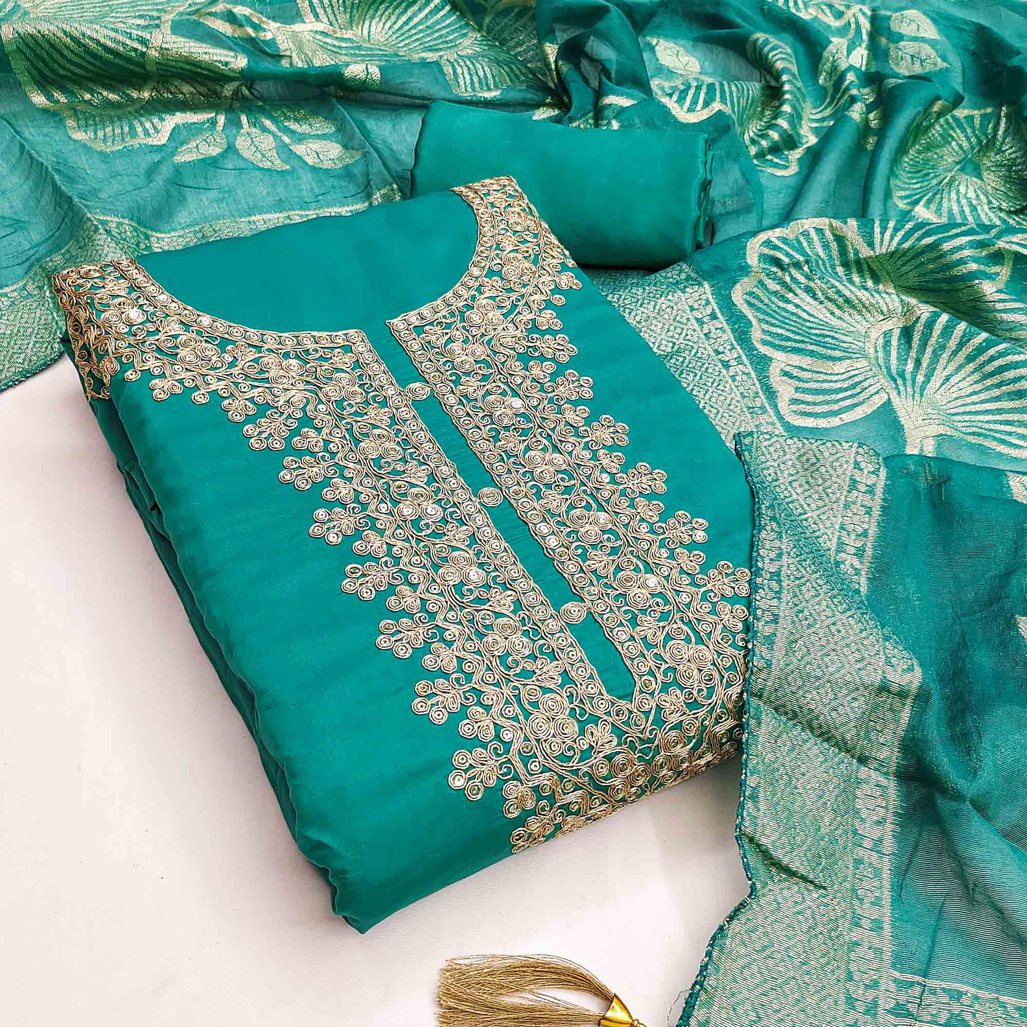 Vibrant Rama Blue Floral Cording Embroidery Silk Blend Dress Material Adorned With Sequins Work