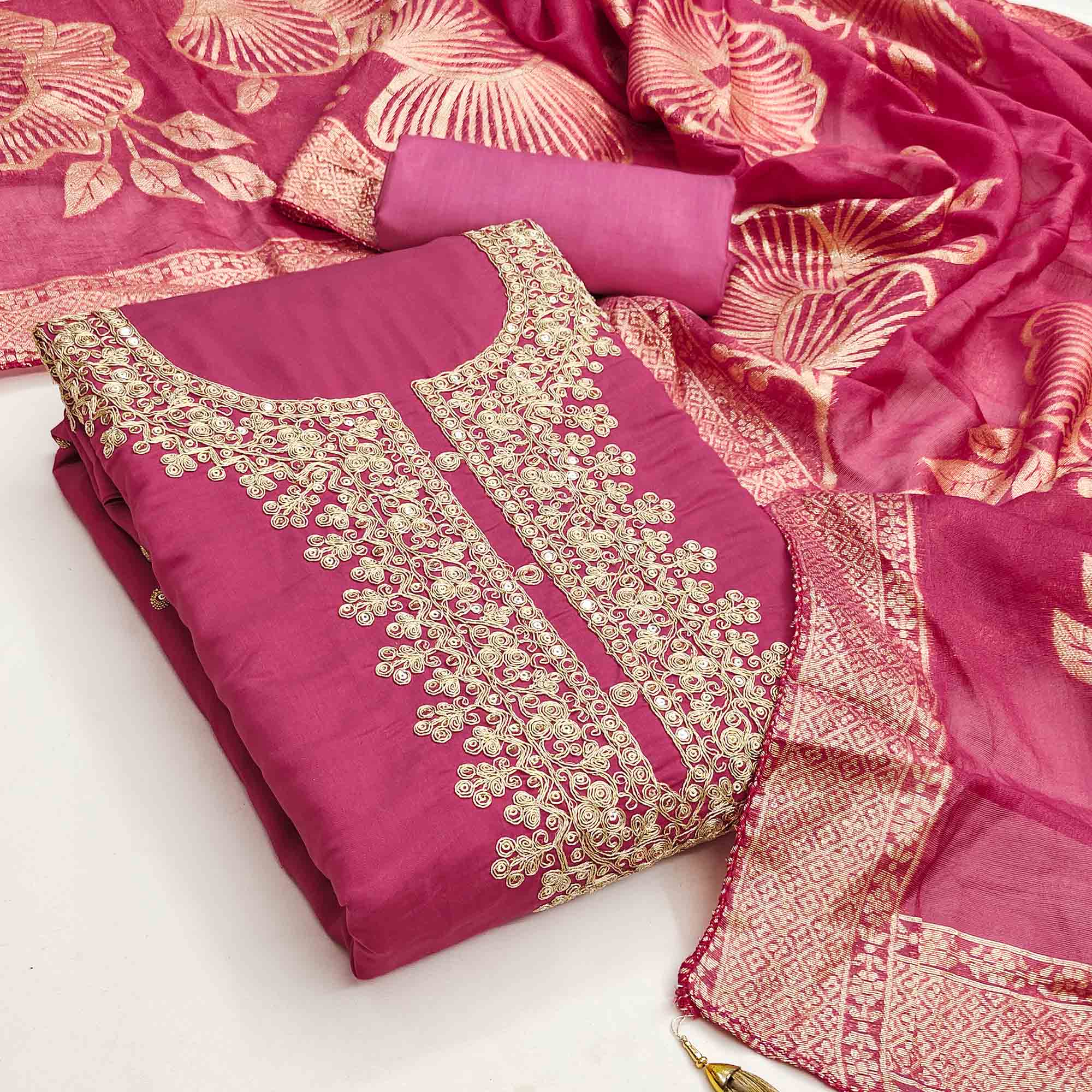Vibrant Rani Pink Floral Cording Embroidery Silk Blend Dress Material Adorned With Sequins Work