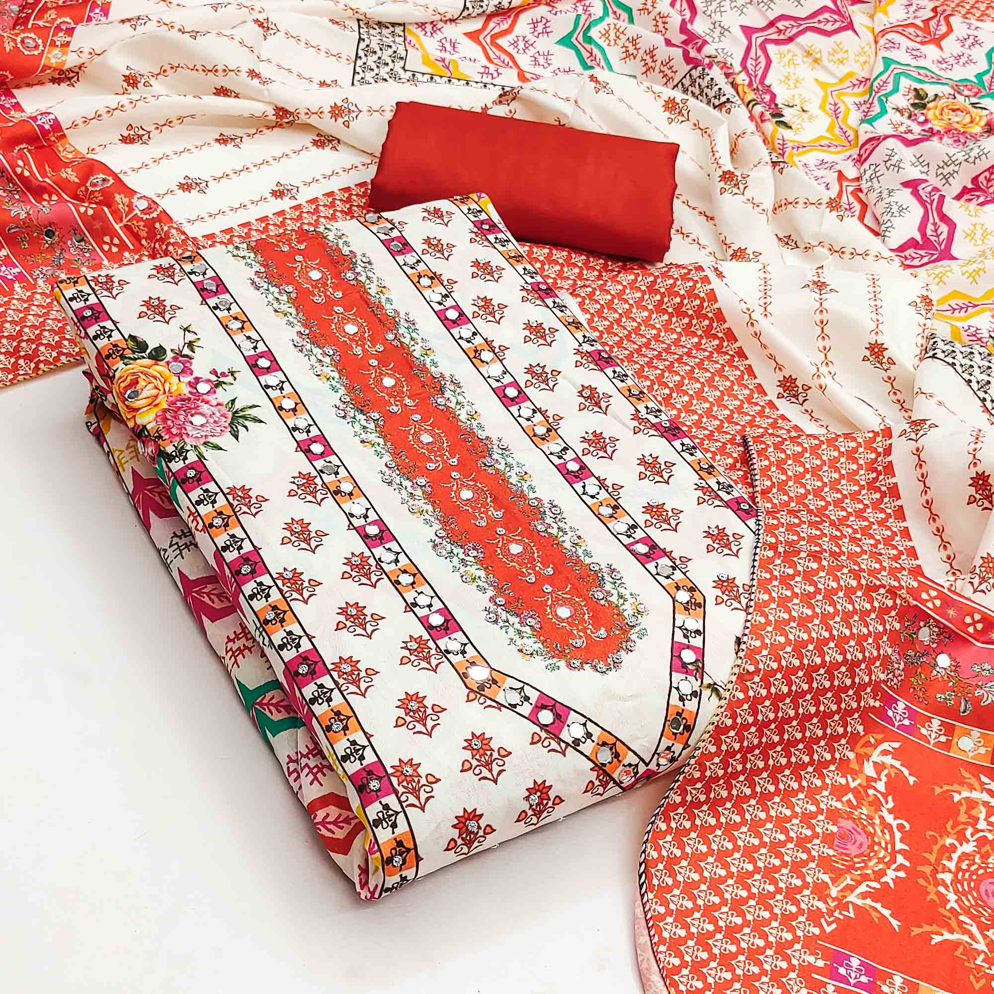 Orange Crepe Dress Material With Vibrant Floral Digital Print & Mirror Embellishment