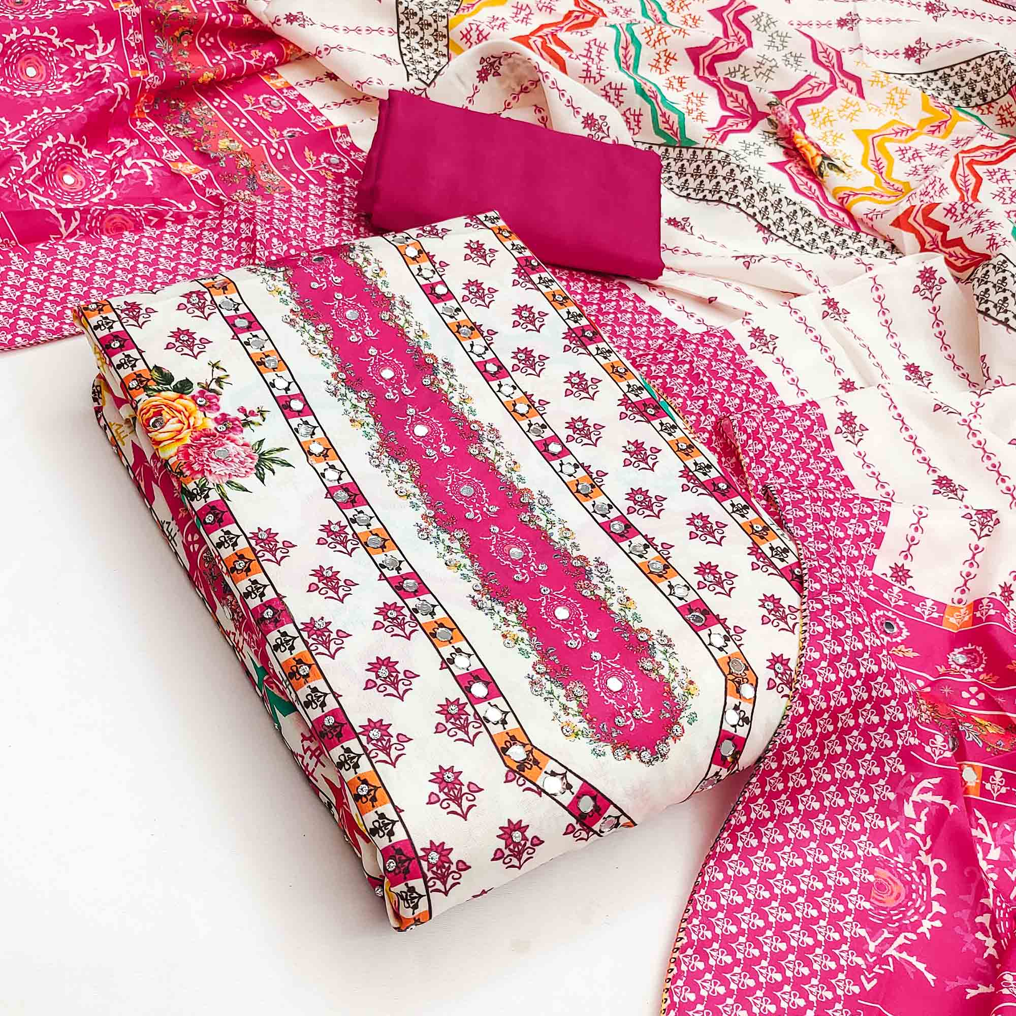 Rani Pink Crepe Dress Material With Vibrant Floral Digital Print & Mirror Embellishment