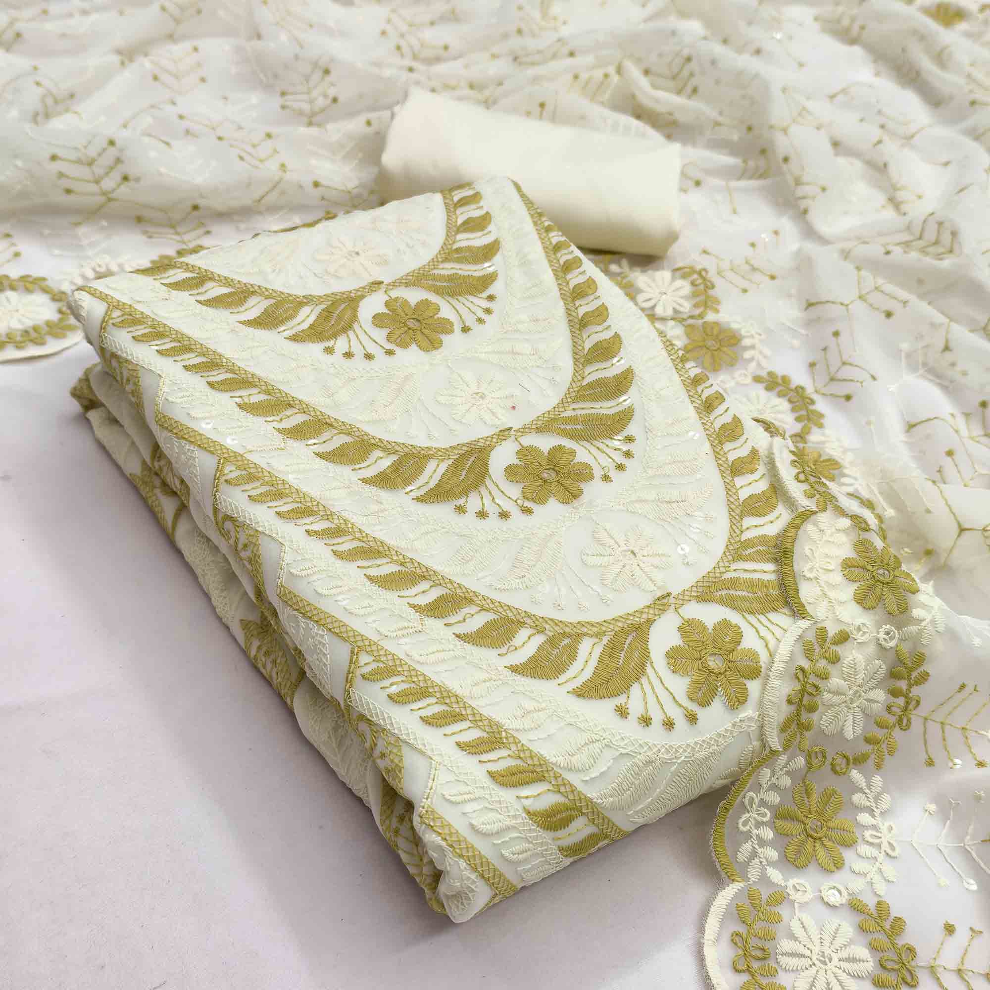 Cream & Olive Heavy Embroidered Georgette Dress Material Enhanced with Floral Resham Dupatta