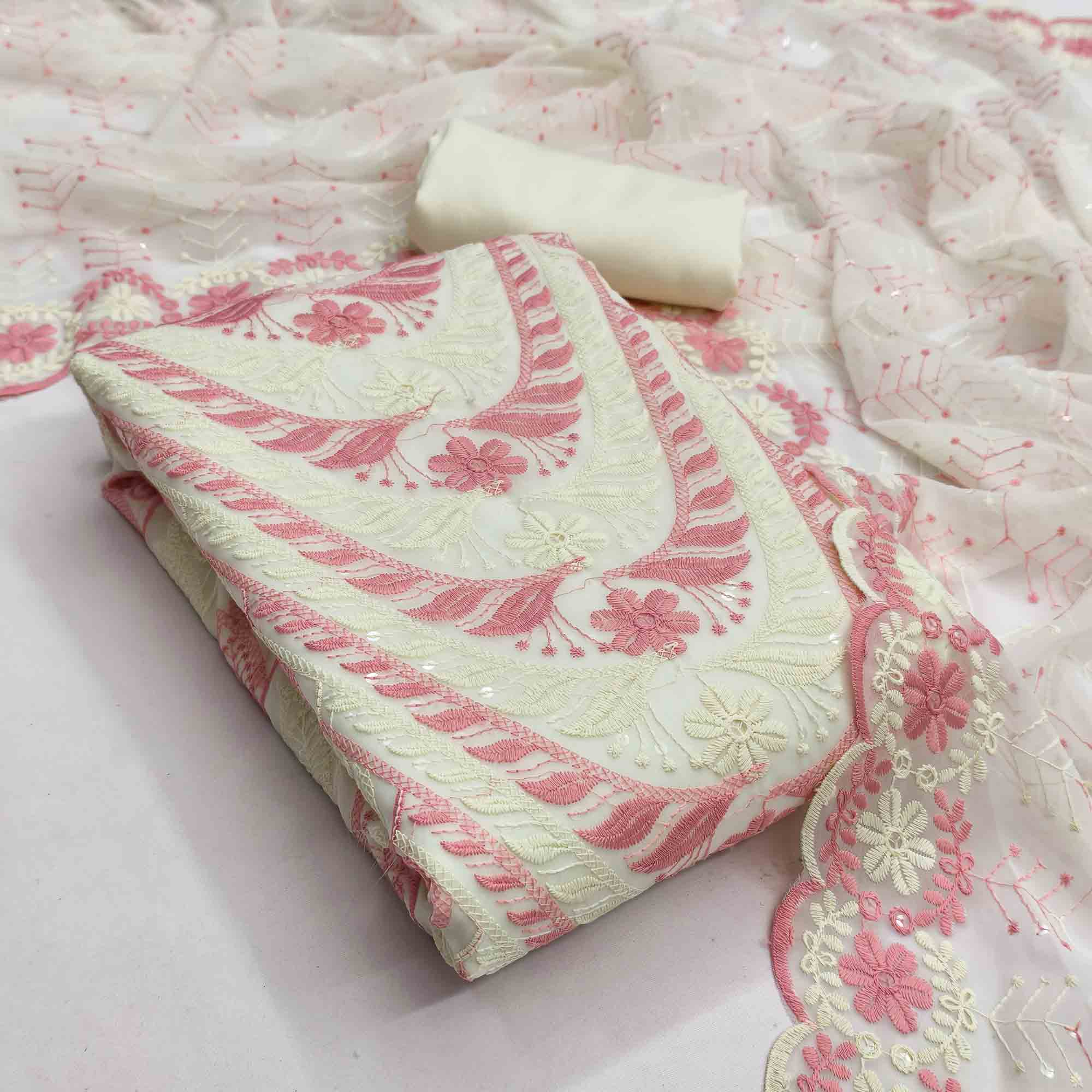 Cream & Pink Heavy Embroidered Georgette Dress Material Enhanced with Floral Resham Dupatta