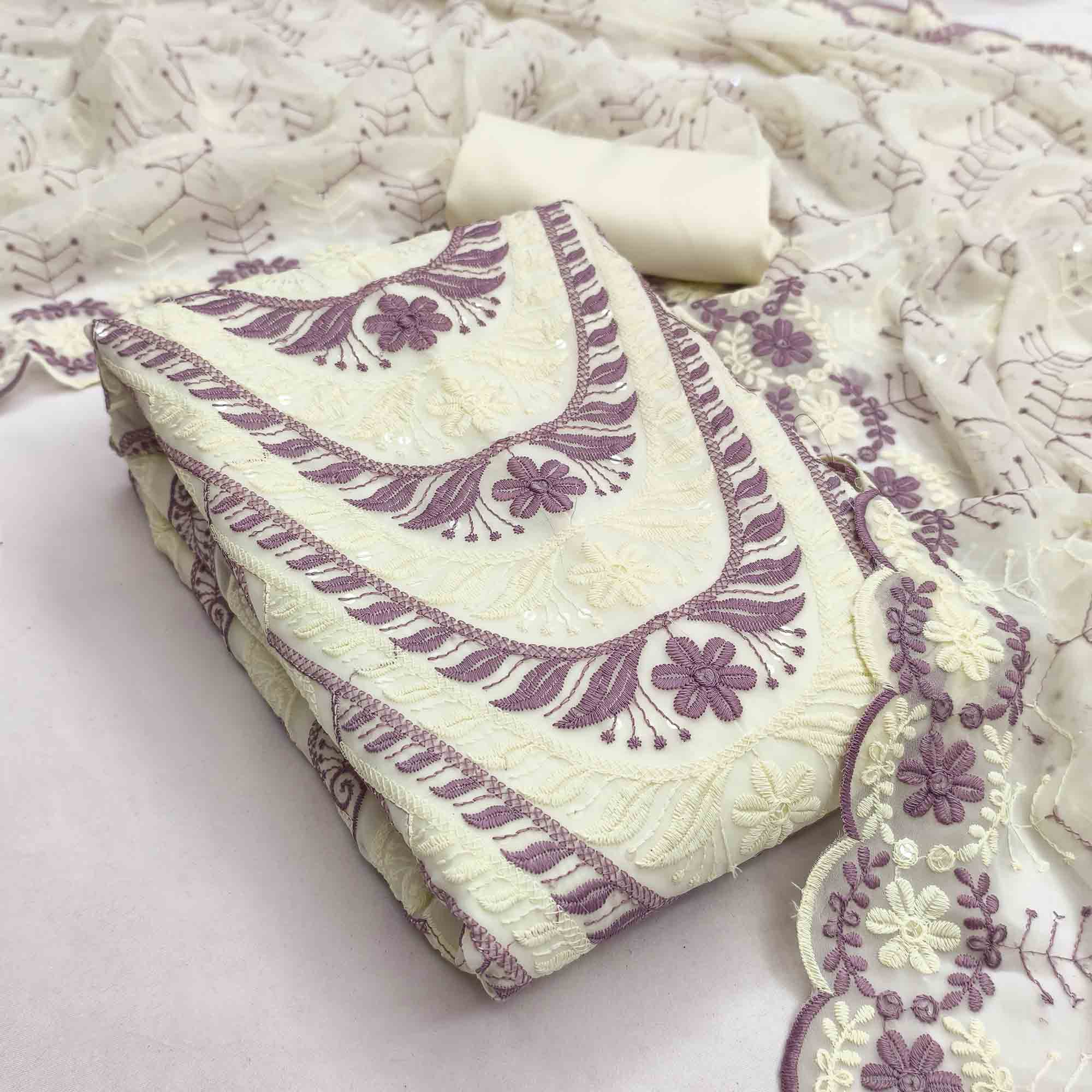 Cream & Purple Heavy Embroidered Georgette Dress Material Enhanced with Floral Resham Dupatta