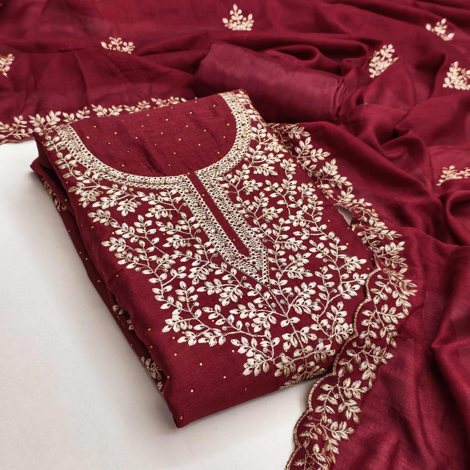 Maroon Floral Motif Vichitra Silk Dress Material Featuring Sequins Embroidery & Swarovski Work