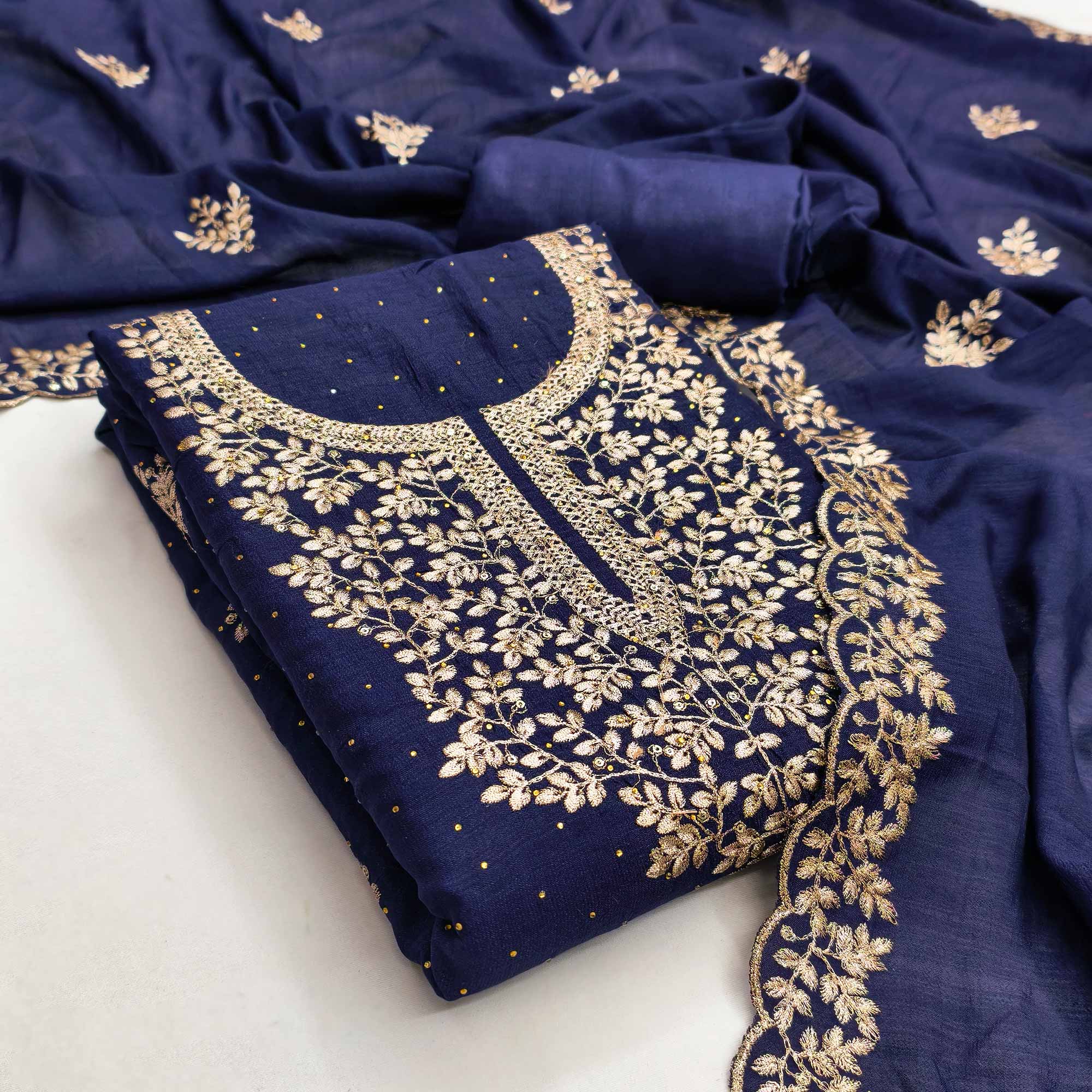 Navy Blue Floral Motif Vichitra Silk Dress Material Featuring Sequins Embroidery & Swarovski Work