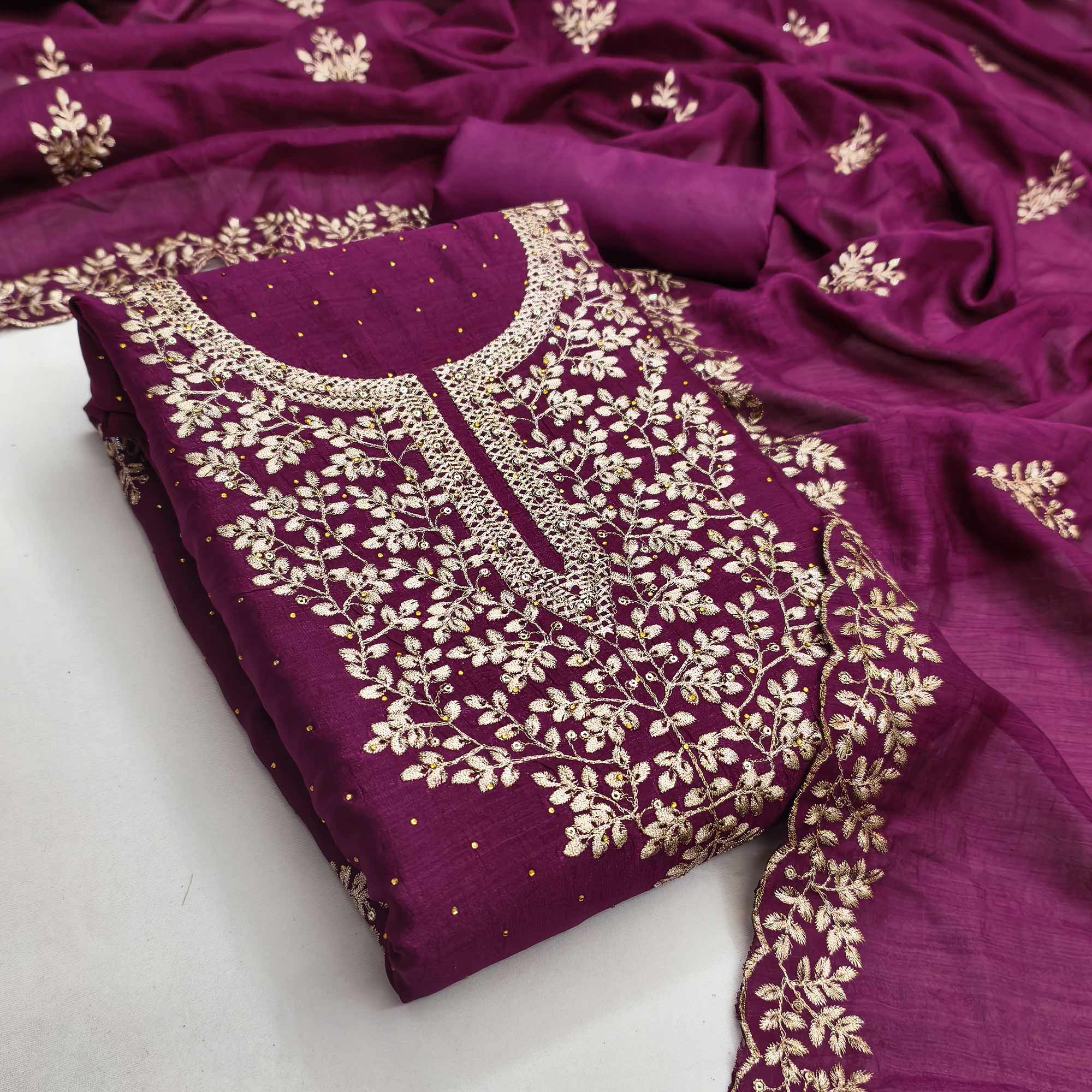 Purple Floral Motif Vichitra Silk Dress Material Featuring Sequins Embroidery & Swarovski Work