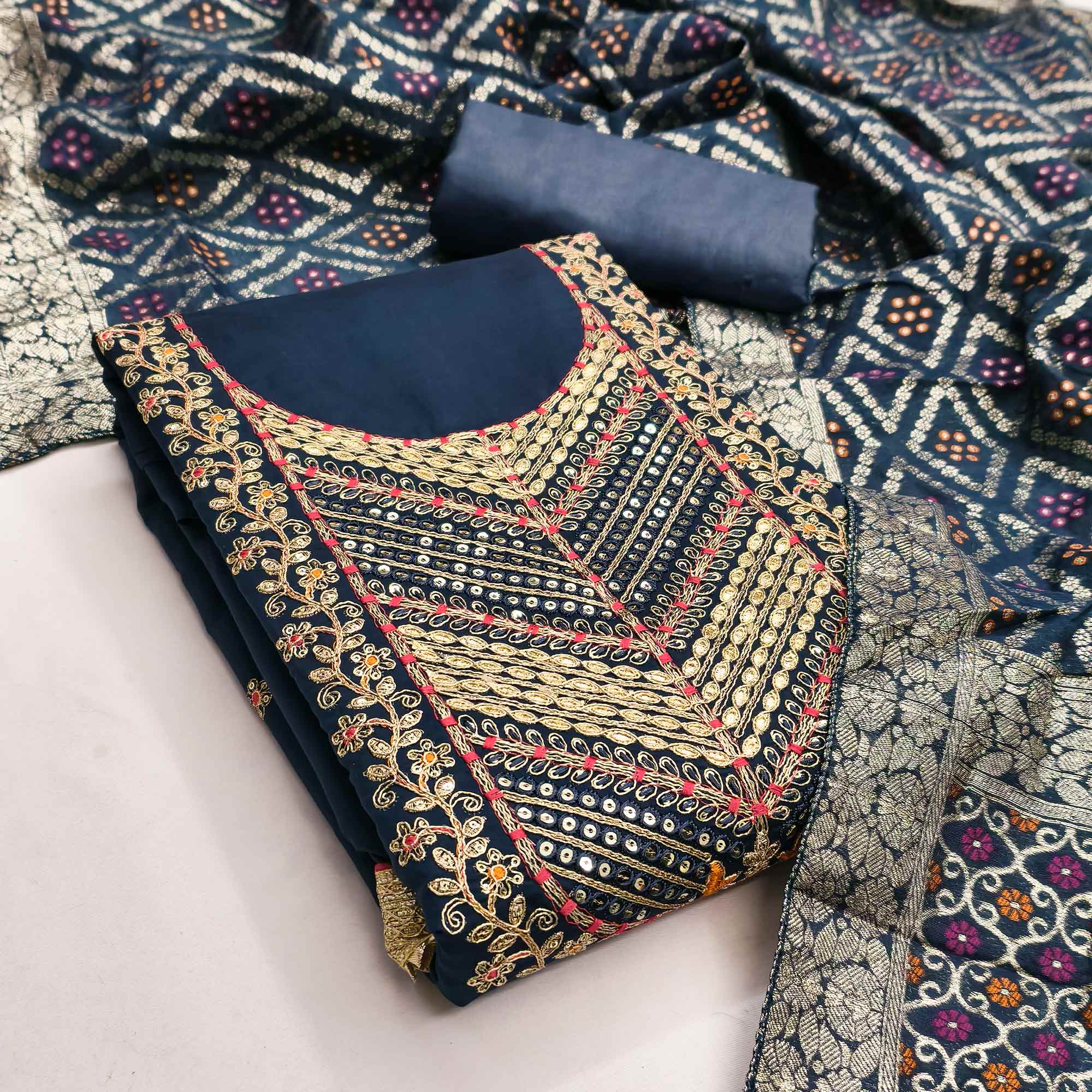 Blue Silk Blend Dress Material Adorned With Floral Cording Embroidery & Elegant Sequins Work