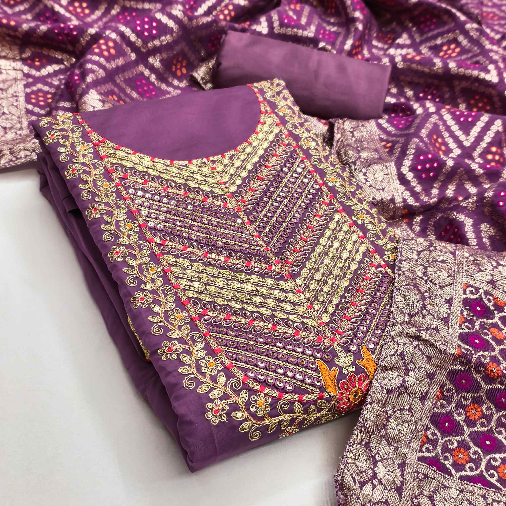 Purple Silk Blend Dress Material Adorned With Floral Cording Embroidery & Elegant Sequins Work