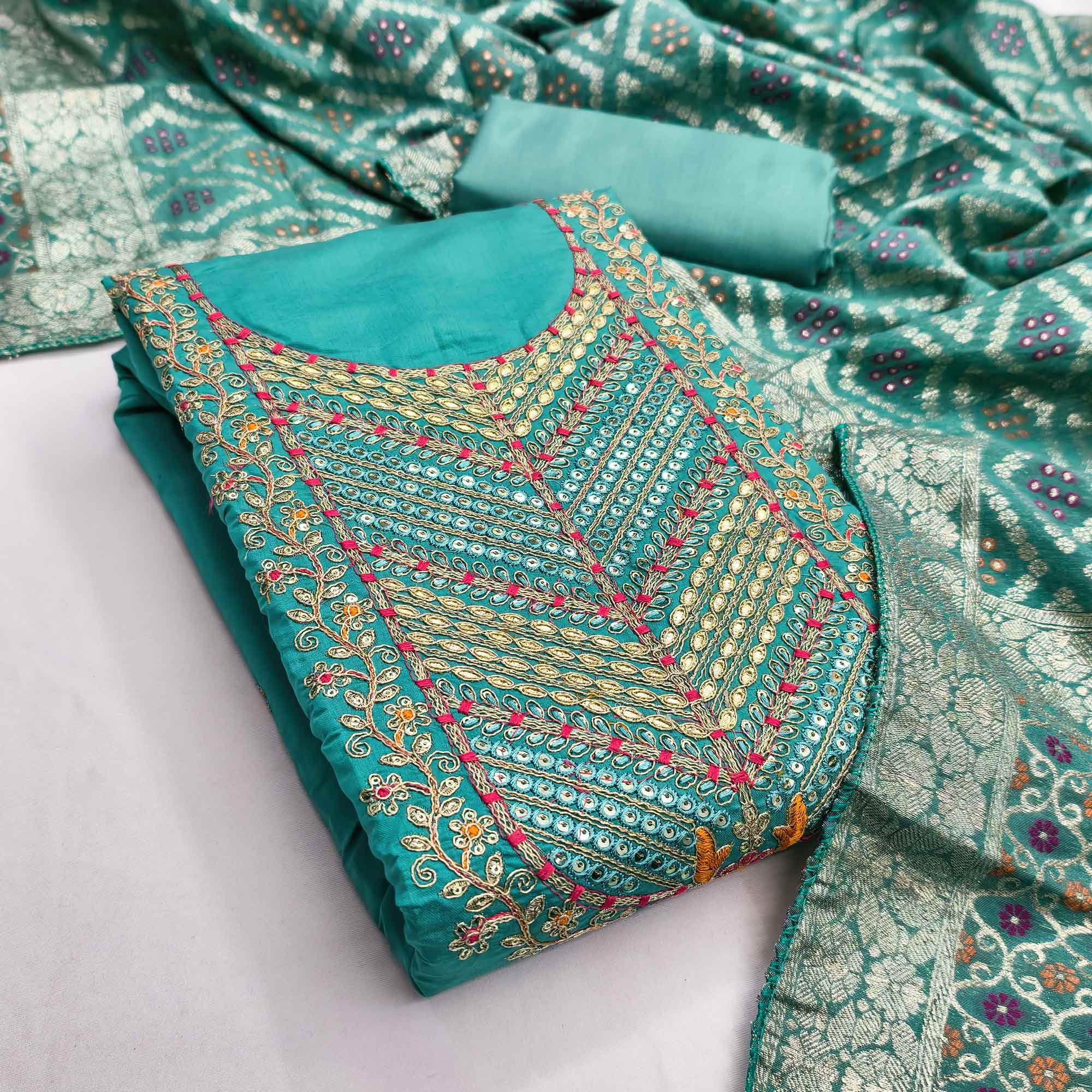 Turquoise Silk Blend Dress Material Adorned With Floral Cording Embroidery & Elegant Sequins Work